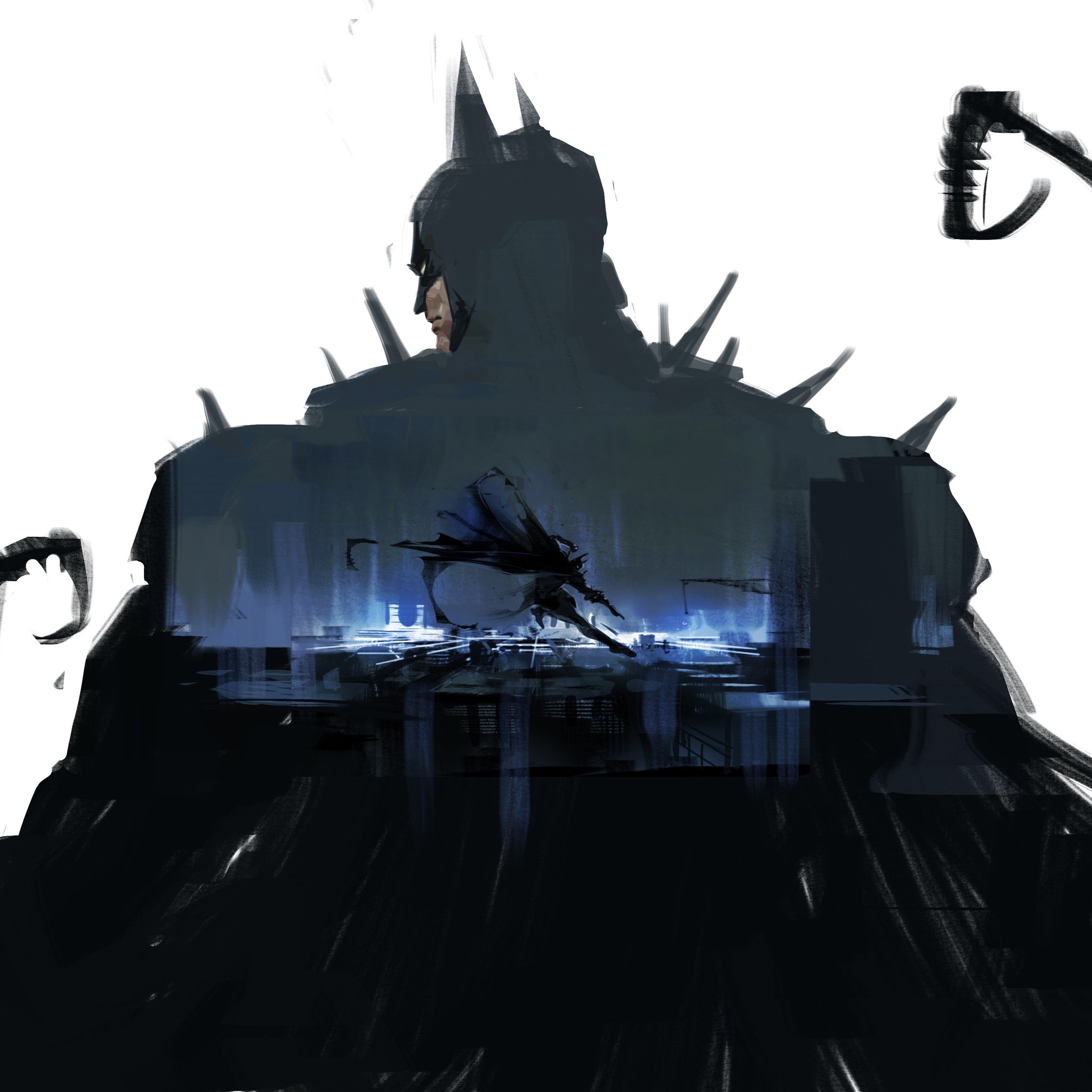 goddamnmushroom, batman, absolute batman, absolute dc, dc comics, commentary, english commentary, highres, 1boy, back, back spikes, bat mask, black cape, cape, cowl, from behind, looking back, male focus, reflection, reflection focus, solo, superhero costume, taut bodysuit