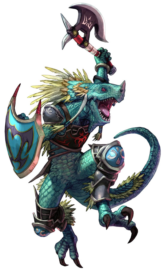 aeon calcos, lizardman (soulcalibur), namco, soul calibur, soulcalibur, soulcalibur iii, official art, armor, axe, claws, fangs, feathers, furry, furry male, lizardman, red eyes, scales, shield, weapon