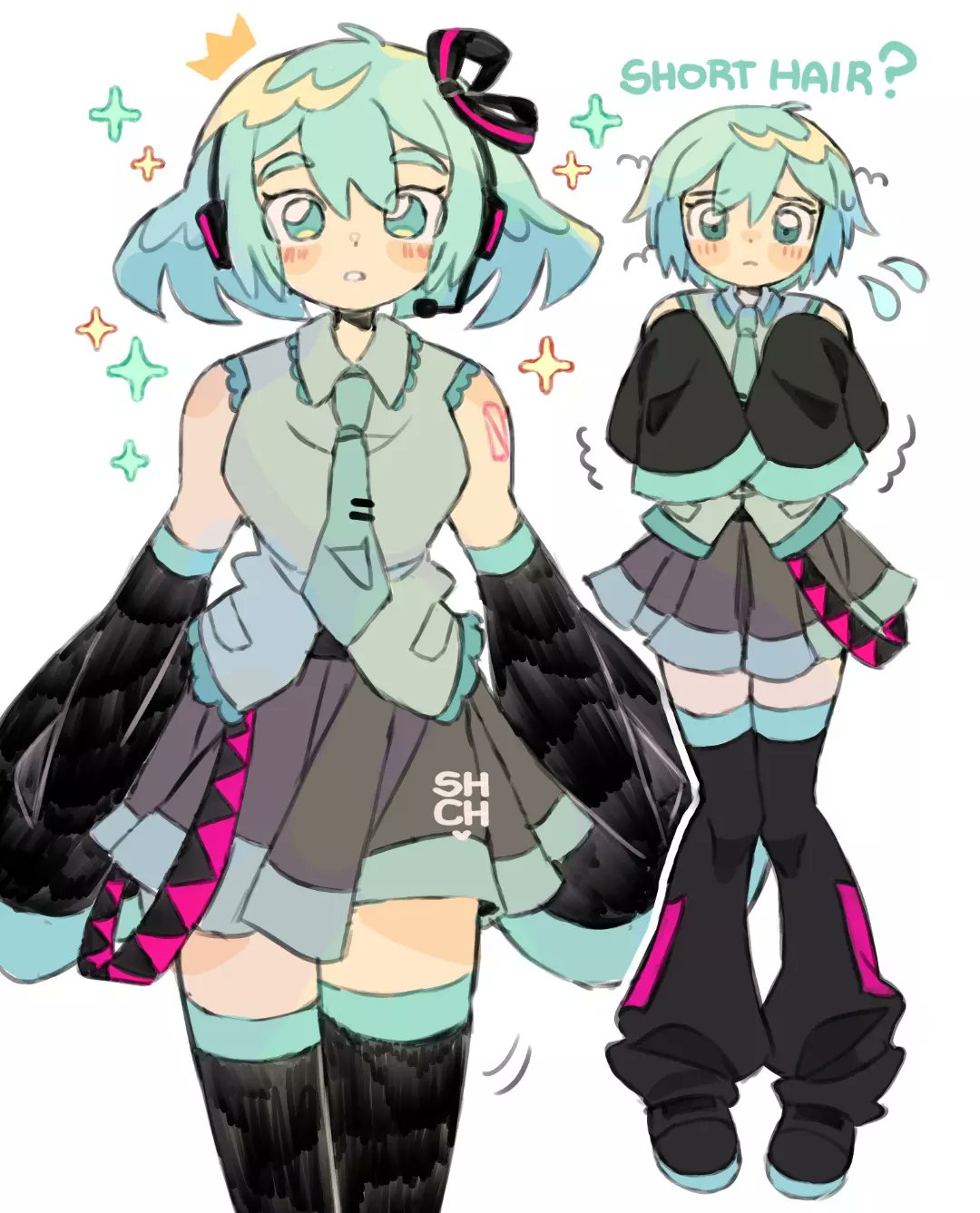 sharpycharot, hatsune miku, vocaloid, commentary, english commentary, highres, 2girls, alternate hair length, alternate hairstyle, aqua eyes, aqua hair, bare shoulders, bob cut, breasts, cowboy shot, detached sleeves, dual persona, english text, flying sweatdrops, full body, hair between eyes, hair ornament, headset, looking at viewer, multiple girls, necktie, shirt, short hair, simple background, skirt, sleeveless, standing, thighhighs, white background, zettai ryouiki