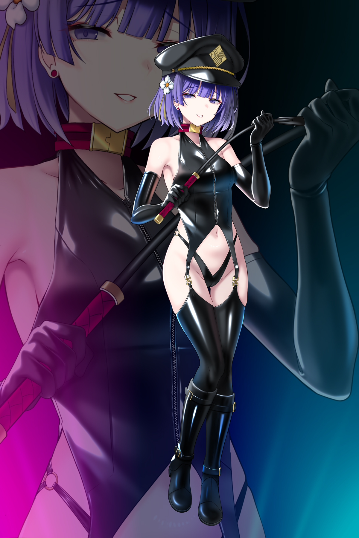 okuri banto, hataya misuzu, gakuen idolmaster, idolmaster, highres, 1girl, black gloves, black panties, black thighhighs, blunt bangs, bondage outfit, breasts, dominatrix, elbow gloves, flower, gloves, hair flower, hair ornament, halterneck, hat, highleg, highleg panties, looking at viewer, medium breasts, navel, panties, purple eyes, purple hair, short hair, solo, thighhighs, underwear, whip, zipper, zoom layer