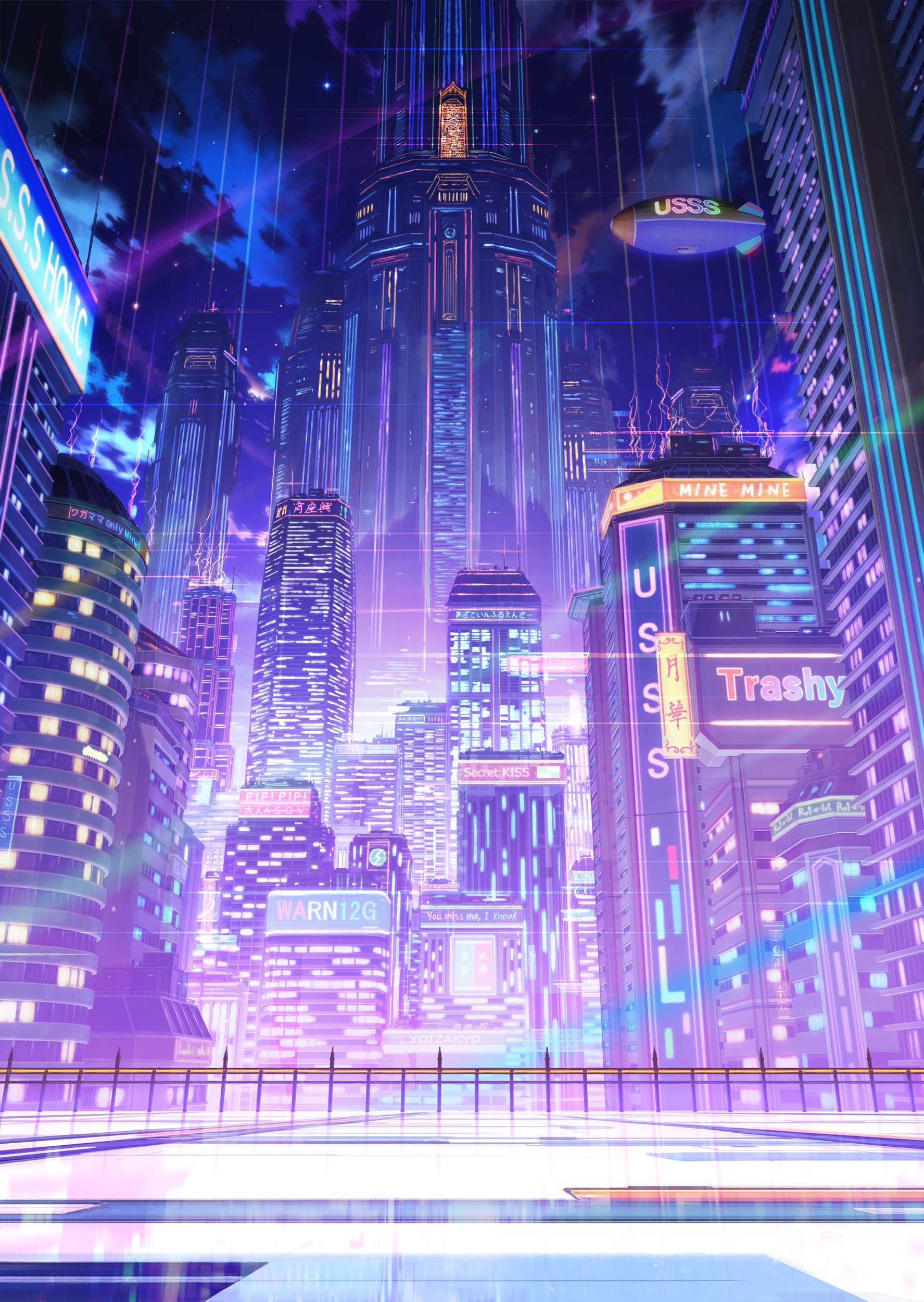 shiki makoto, original, absurdres, commentary request, highres, making-of available, translation request, 3d, aircraft, building, city lights, cityscape, cloud, dirigible, english text, grand scale, night, no humans, outdoors, purple theme, scenery, sign, sky, skyscraper