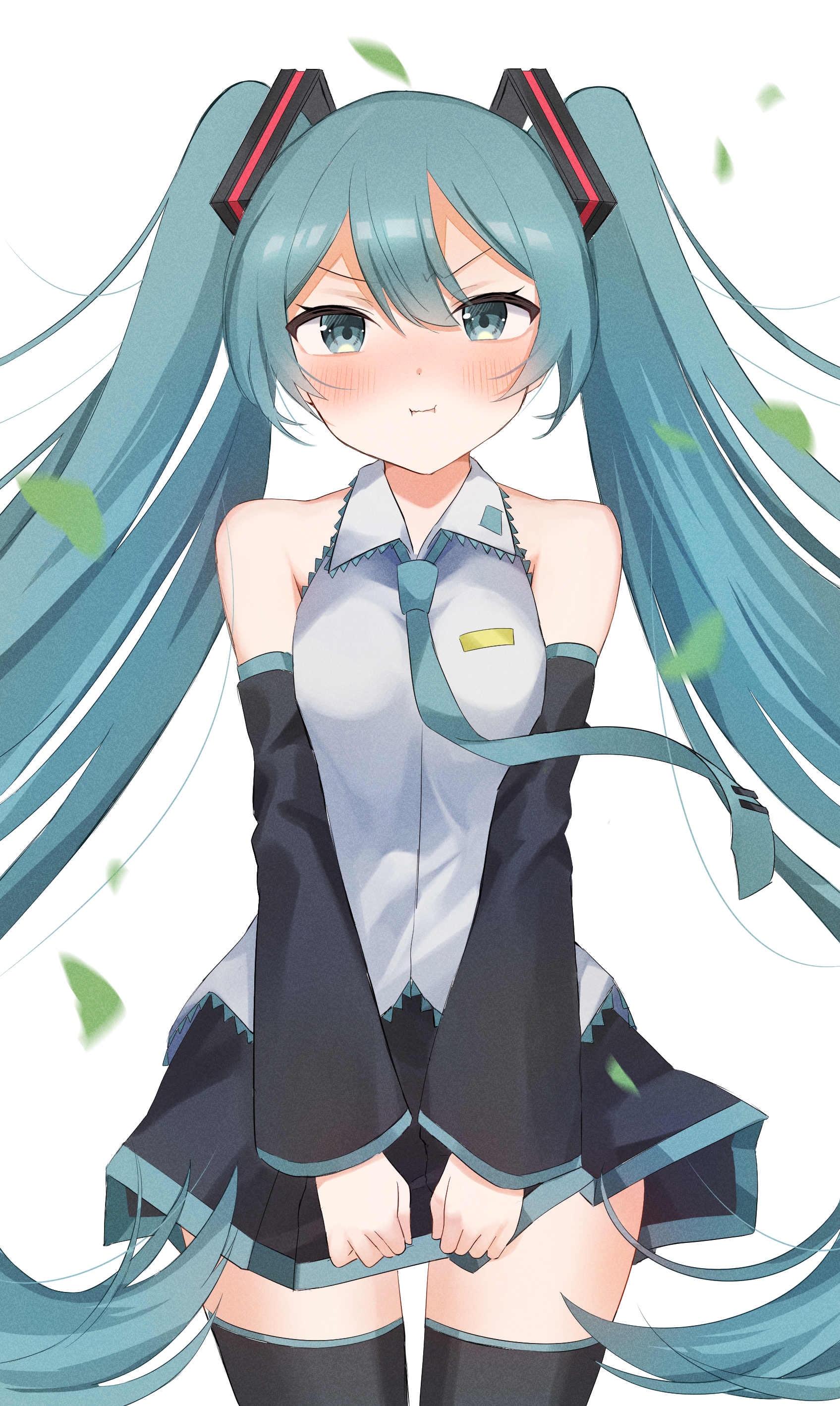 meruko-san, hatsune miku, vocaloid, absurdres, commentary request, highres, 1girl, :t, ahoge, aqua eyes, aqua hair, aqua necktie, aqua trim, bare shoulders, black skirt, black sleeves, blush, breasts, collared shirt, detached sleeves, grey shirt, hair between eyes, hair ornament, headset, long hair, looking at viewer, medium breasts, miniskirt, necktie, open mouth, pleated skirt, pout, shirt, simple background, skirt, sleeveless, sleeveless shirt, solo, thick thighs, thighhighs, thighs, twintails, upper body, very long hair, white background, zettai ryouiki