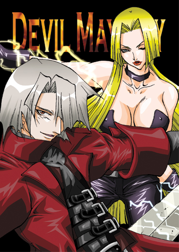 moe (pixiv1010262), dante (devil may cry), trish (devil may cry), capcom, devil may cry (series), 00s, 1boy, 1girl, blonde hair, blue eyes, breasts, choker, cleavage, corset, couple, grey hair, long hair, orange eyes, pants, short hair, wink