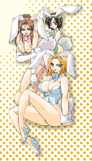 moe (pixiv1010262), claire redfield, jill valentine, rebecca chambers, resident evil, resident evil 2, 3girls, animal ears, blonde hair, blue eyes, breasts, brown eyes, brown hair, cleavage, elbow gloves, fake animal ears, gloves, high heels, multiple girls, playboy bunny, rabbit ears, shoes