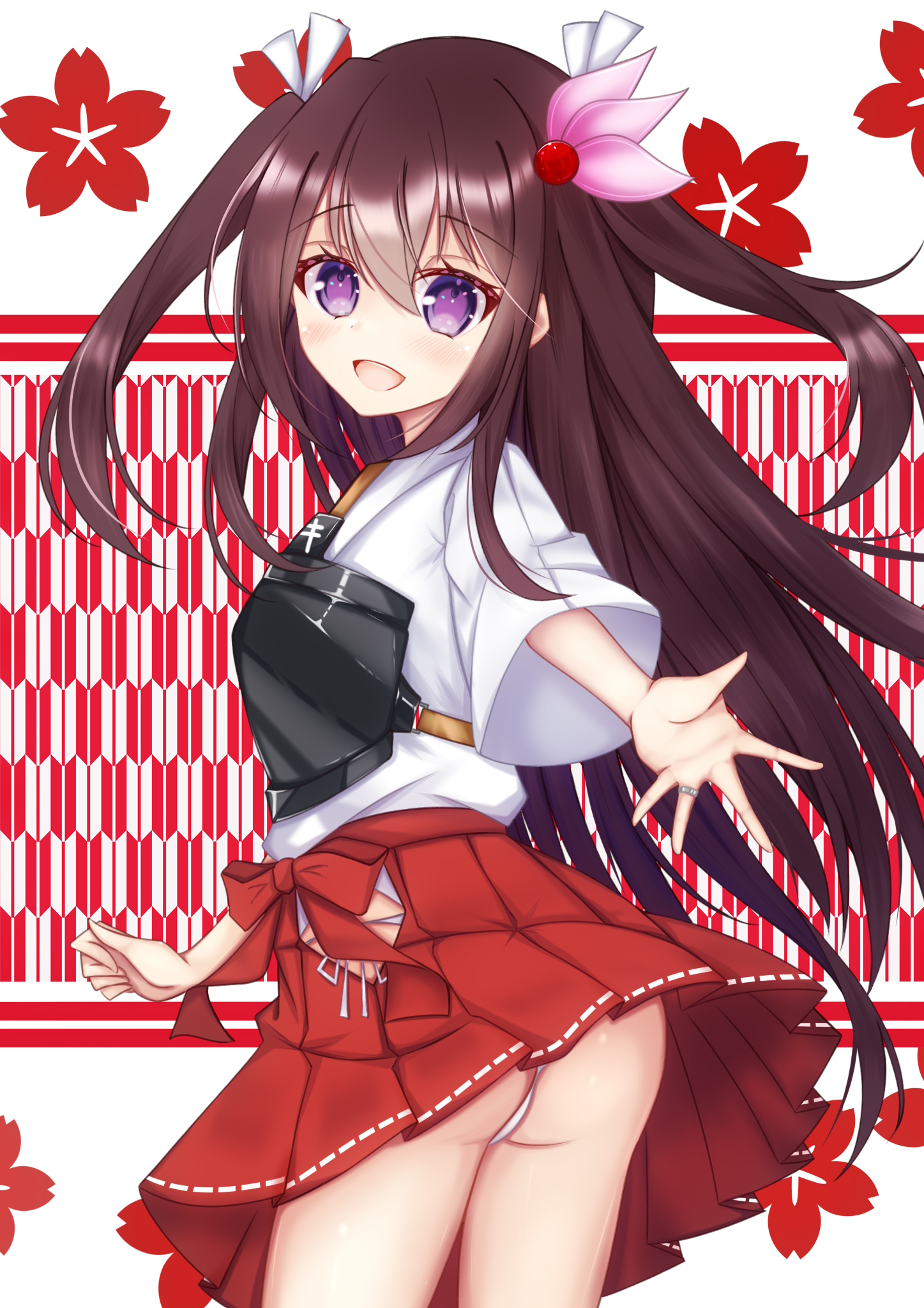 cvtm, kisaragi (kancolle), zuikaku (kancolle), kantai collection, highres, 1girl, ass, brown hair, cosplay, hair ornament, hakama, hakama short skirt, hakama skirt, japanese clothes, long hair, long sleeves, looking at viewer, muneate, open mouth, panties, pleated skirt, purple eyes, red background, skirt, smile, solo, twintails, underwear, white background, white panties, wide sleeves, zuikaku (kancolle) (cosplay)