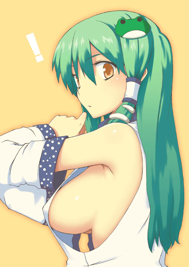 uro (urotanc), kochiya sanae, touhou, duplicate, jpeg artifacts, !, 1girl, armpits, breasts, detached sleeves, female focus, frog, green hair, hair ornament, large breasts, long hair, no bra, sideboob, solo, when you see it, yellow eyes