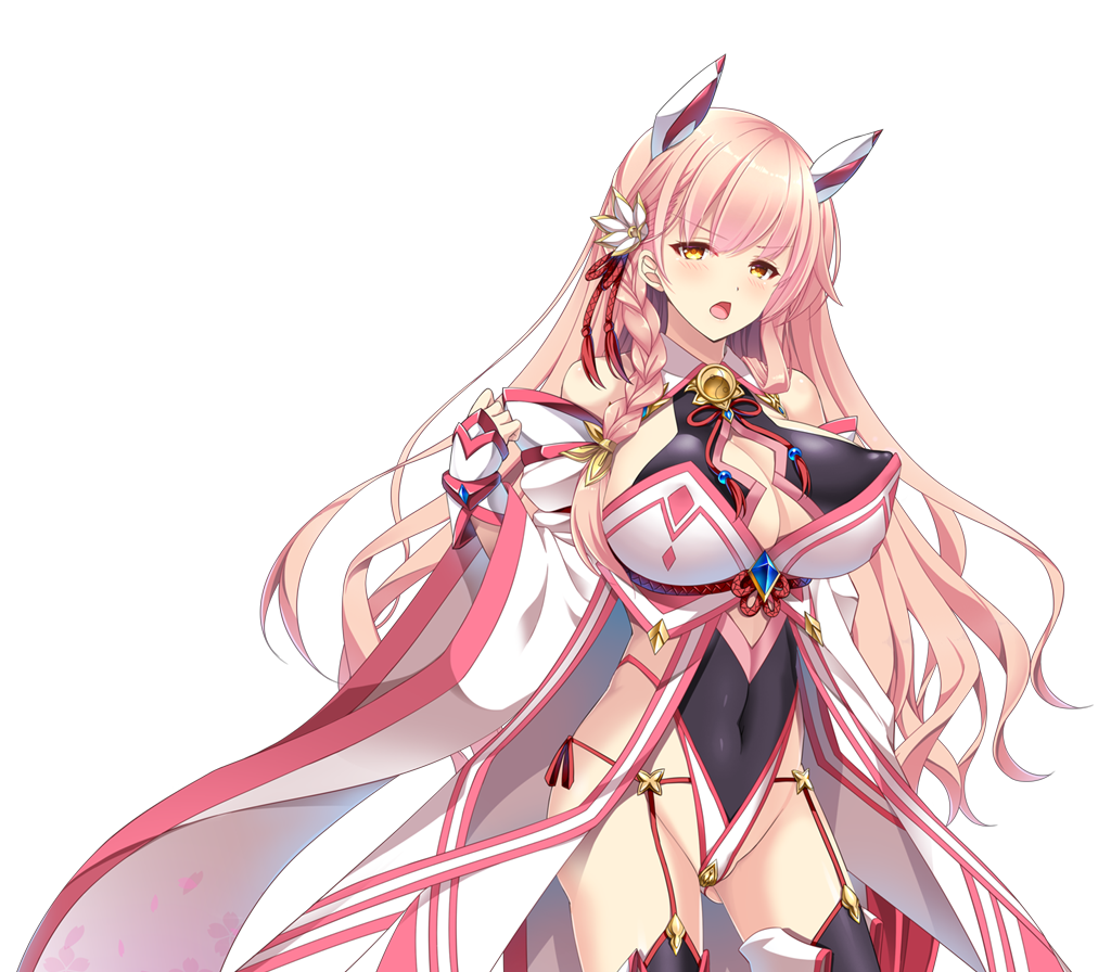 chikubi (artist), kusarou, morita ouka, mahou shoujo inori, game cg, large variant set, non-web source, official art, variant set, 1girl, bare shoulders, bell, black thighhighs, blush, braid, breasts, cleavage, cleavage cutout, clothing cutout, covered erect nipples, covered navel, cowboy shot, detached sleeves, fingerless gloves, flower, garter straps, gem, gloves, hair flower, hair ornament, hair ribbon, headgear, highleg, highleg leotard, huge breasts, japanese clothes, leotard, long hair, long sleeves, looking at viewer, magical girl, mechanical ears, open mouth, orange eyes, pink hair, ribbon, side braid, solo, standing, thighhighs, transparent background, wide sleeves, yellow eyes