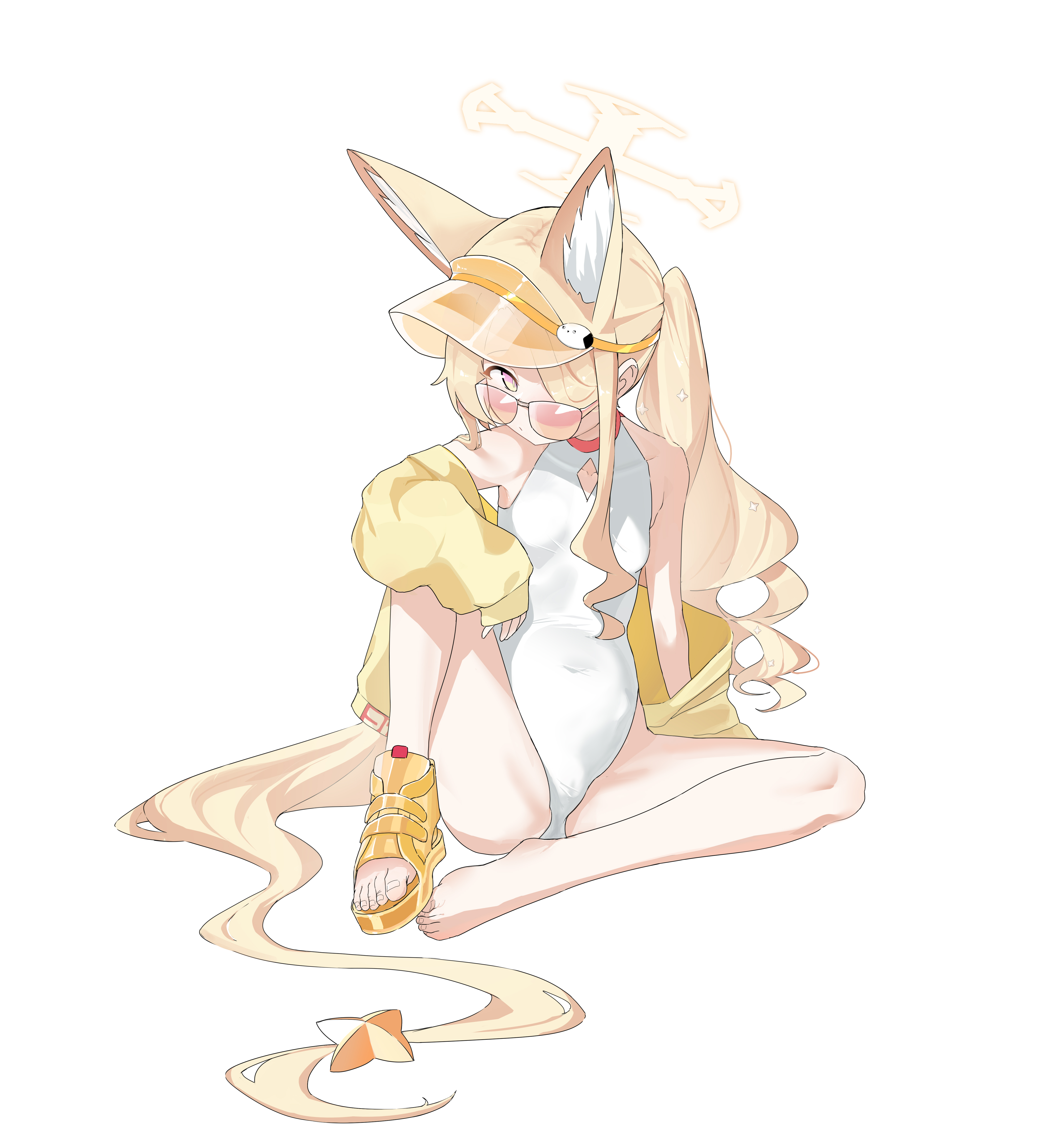 seia (blue archive), seia (swimsuit) (blue archive), blue archive, absurdres, highres, 1girl, animal ear fluff, animal ears, blonde hair, breasts, clothing cutout, covered navel, cross halo, diamond cutout, fox ears, fox girl, fox tail, halo, highleg, highleg one-piece swimsuit, jacket, long hair, official alternate costume, official alternate hairstyle, one-piece swimsuit, orange-tinted eyewear, orange eyes, shoes, side ponytail, simple background, sitting, small breasts, solo, sunglasses, swimsuit, tail, tinted eyewear, visor cap, white background, white one-piece swimsuit, yellow halo, yellow jacket, yellow shoes, yellow visor, zimu youzi cha