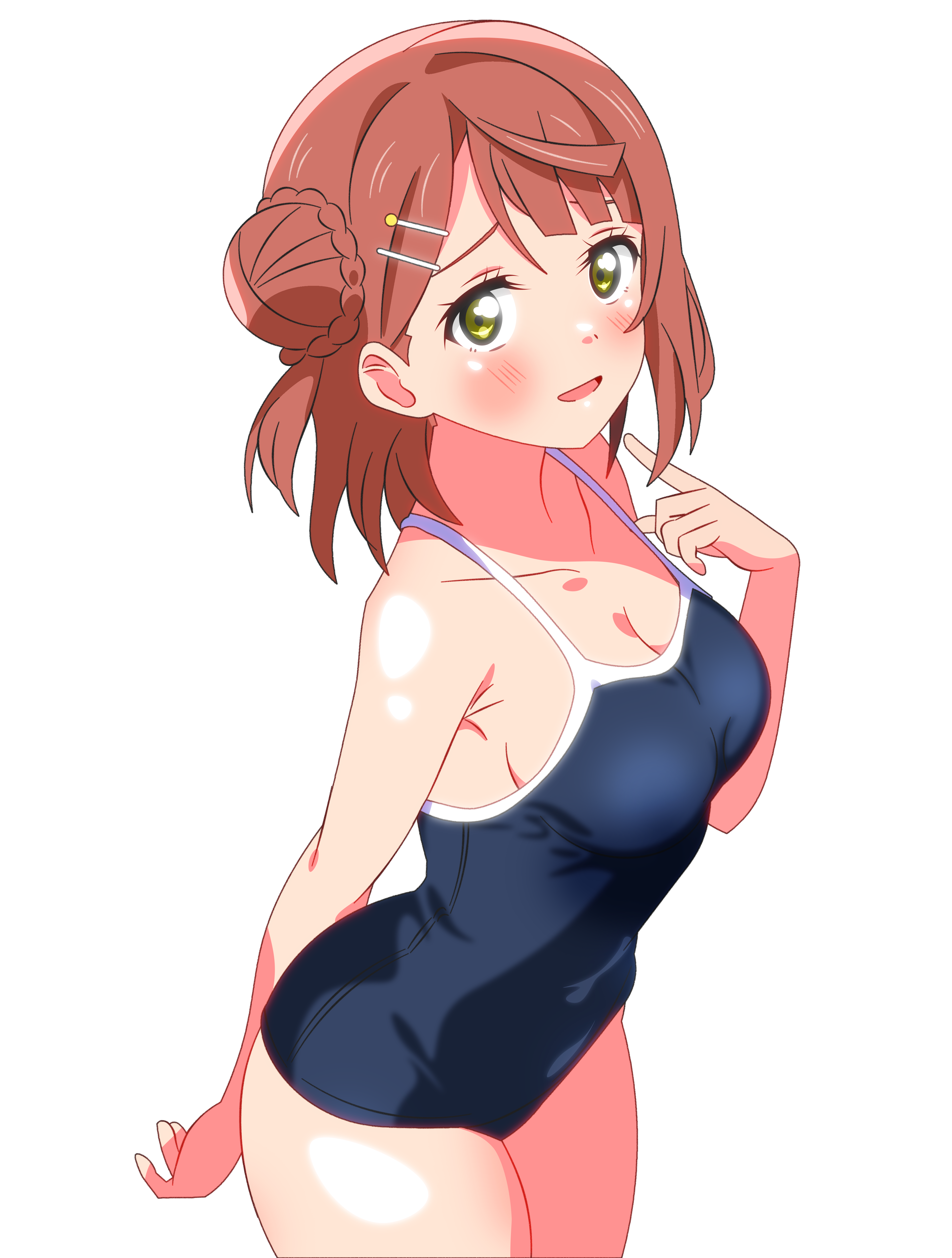 shinonome sakura, uehara ayumu, love live!, love live! nijigasaki high school idol club, absurdres, highres, 1girl, blue one-piece swimsuit, breasts, brown eyes, cleavage, competition school swimsuit, green eyes, hair bun, hair ornament, hairclip, looking at viewer, medium breasts, medium hair, one-piece swimsuit, pointing, pointing at self, school swimsuit, simple background, single side bun, solo, swimsuit, white background