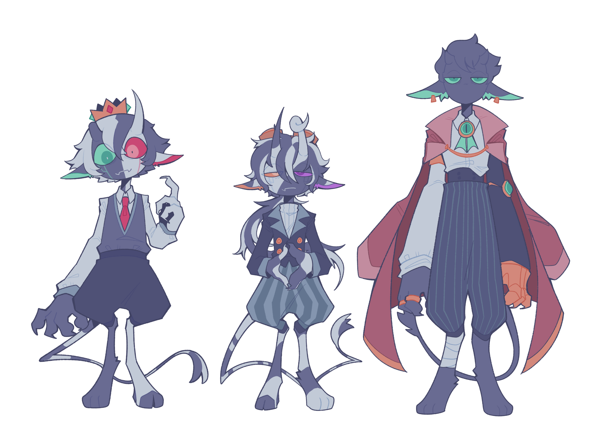 vivi (viridescenttemple), ranboo, dream smp, minecraft, minecraft youtube, tales from the smp, bad id, bad tumblr id, highres, 1other, 2boys, androgynous, animal feet, bandaged leg, bandages, black hair, black skin, black vest, buttons, coat, colored skin, crown, digitigrade, ear piercing, eye of ender, fang, full body, green eyes, heterochromia, hooves, horns, long sleeves, looking at viewer, mismatched sclera, monster boy, multicolored hair, multicolored skin, multiple boys, necktie, no mouth, piercing, pointy ears, purple hair, ran (tales from the smp), ranbob, red eyes, red necktie, short hair, simple background, skin fang, species connection, split-color hair, split-color skin, standing, tail, two-tone hair, two-tone skin, vest, white background, white skin, yellow eyes