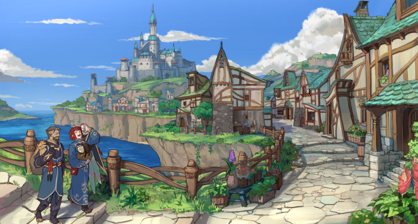 shamogin, original, clothing request, commentary, commission, skeb commission, 2boys, bay, beard, blue sky, castle, cliff, cloud, dated commentary, day, facial hair, fantasy, fence, grey hair, multiple boys, mustache, outdoors, path, plant, potted plant, red hair, road, scenery, shore, short hair, sky, town, wooden fence