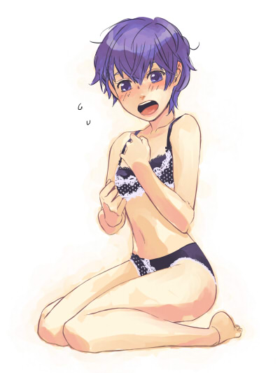 mihara (081mhrs), shirogane naoto, atlus, persona, persona 4, barefoot, blush, bra, embarrassed, feet, lingerie, open mouth, panties, purple hair, short hair, solo, surprised, underwear