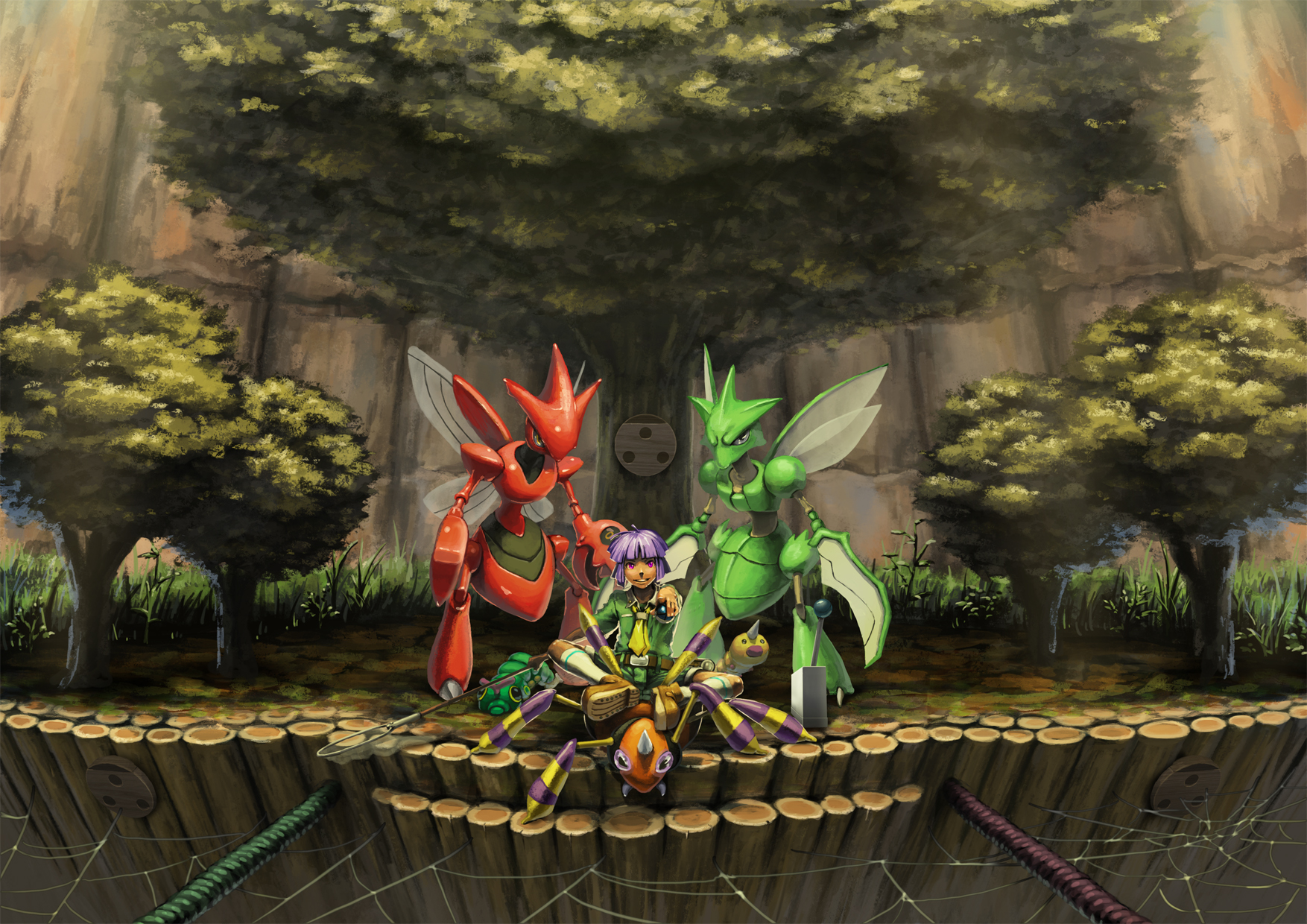 higashiyama hayato, isao higashiyama, ariados, bugsy (pokemon), caterpie, scizor, scyther, weedle, nintendo, pokemon, pokemon hgss, highres, 00s, 1boy, foreshortening, gen 1 pokemon, gen 2 pokemon, grin, gym leader, nature, pokemon (creature), purple eyes, purple hair, short hair, silk, smile, spider web, tree