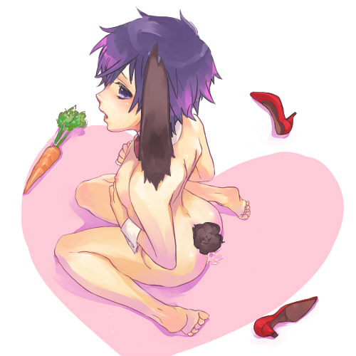 mihara (081mhrs), shirogane naoto, atlus, persona, persona 4, lowres, 1girl, animal ears, back, barefoot, carrot, collar, detached collar, feet, female focus, flat chest, full body, heart, high heels, kemonomimi mode, nipples, nude, purple hair, pussy juice, rabbit ears, rabbit tail, red shoes, shoes, short hair, sitting, solo, tail, wariza
