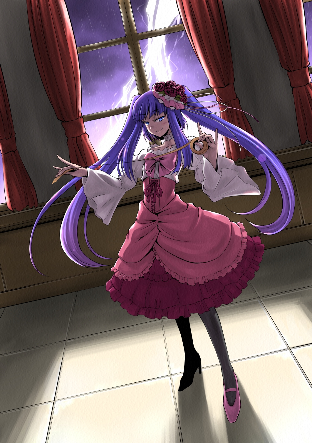 fuugetsu makoto, furudo erika, umineko no naku koro ni, highres, 00s, 1girl, blue eyes, blue hair, blunt bangs, bow, choker, dress, fang, female focus, flower, hime cut, lightning, long hair, matching hair/eyes, naughty face, pantyhose, pink bow, ribbon, rose, smile, solo, tape, twintails