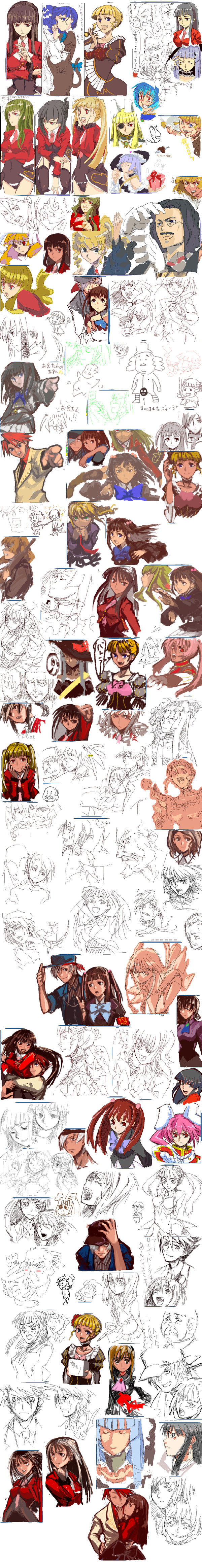 hazakura (haz), amakusa juuza, asmodeus (umineko), beatrice (umineko), belphegor (umineko), chiester00, chiester410, chiester45, chiester sisters, frederica bernkastel, kanon (umineko), lambdadelta, leviathan (umineko), lucifer (umineko), mammon (umineko), nanjou terumasa, ronove (umineko), satan (umineko), shannon (umineko), stakes of purgatory, ushiromiya ange, ushiromiya battler, ushiromiya jessica, ushiromiya kinzou, ushiromiya maria, ushiromiya natsuhi, ushiromiya rosa, virgilia (umineko), 07th expansion, no naku koro ni (series), umineko no naku koro ni, absurdres, highres, long image, tall image, 00s, 6+boys, 6+girls, child, everyone, hair bobbles, hair ornament, laughing, multiple boys, multiple girls, reference sheet, showgirl skirt, smile, tears