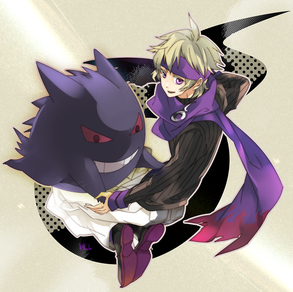 himuka roko, roko (artist), gengar, morty (pokemon), nintendo, pokemon, pokemon hgss, bad id, bad pixiv id, 00s, 1boy, blonde hair, gen 1 pokemon, gym leader, pokemon (creature), purple eyes, purple scarf, red eyes, scarf