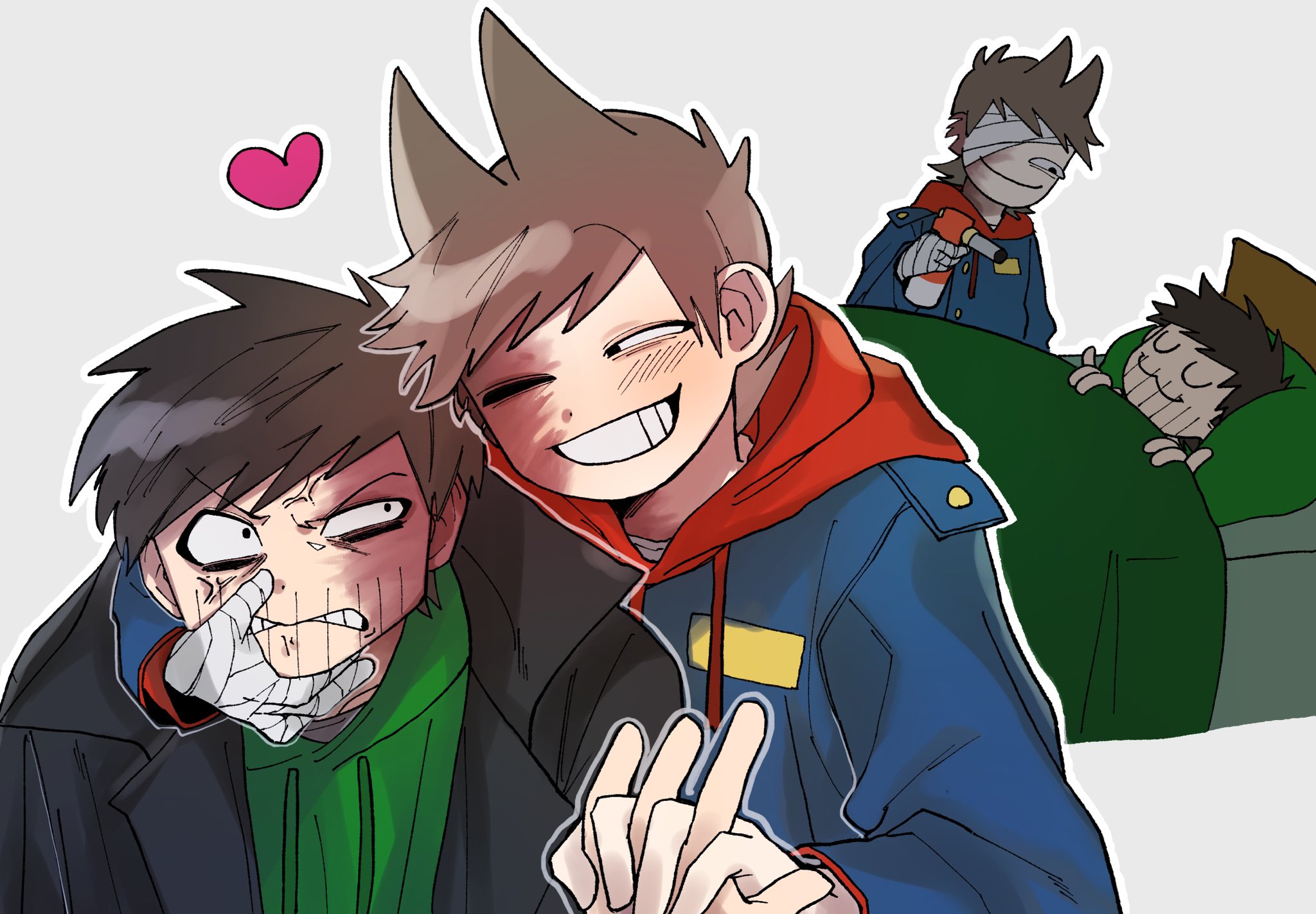 edd (eddsworld), future edd (eddsworld), future tord (eddsworld), eddsworld, commentary request, highres, 2boys, :3, animification, annoyed, antenna hair, bandage over one eye, bandaged hand, bandages, beard stubble, bed, black coat, black eyes, blue coat, blush, brown hair, burn scar, closed eyes, coat, drawstring, eye contact, facial hair, flamethrower, flipped hair, green hoodie, grey background, grin, hair ears, hand on another's face, heart, holding, holding flamethrower, holding hands, holding weapon, hood, hood down, hoodie, korika02, long sleeves, looking at another, male focus, mature male, multiple boys, multiple views, name tag, open clothes, open coat, red hoodie, scar, scar on face, short hair, simple background, sleeping, smile, stubble, tord (eddsworld), trench coat, under covers, weapon, yaoi