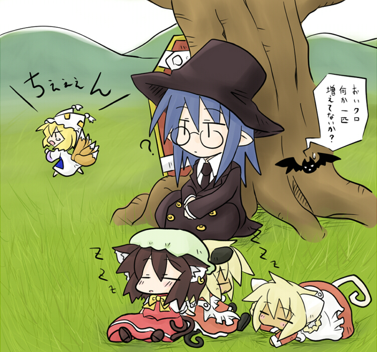 yanagi (nurikoboshi), chen, kuro (hitsugi katsugi no kuro), nijuku, sanju, sen (hitsugi katsugi no kuro), yakumo ran, hitsugi katsugi no kuro, touhou, translated, 5girls, animal ears, cat ears, cat tail, chibi, coffin, crossover, glasses, hat, multiple girls, multiple tails, necktie, pointy ears, sleeping, tail