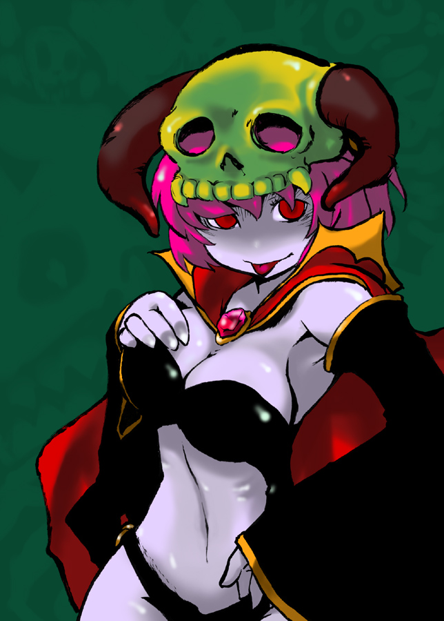 iyun kazusa, lenna charlotte tycoon, necromancer (final fantasy), final fantasy, final fantasy v, 1990s (style), :p, breasts, cape, cleavage, detached sleeves, helmet, necromancer, pink hair, red eyes, short hair, tongue, tongue out