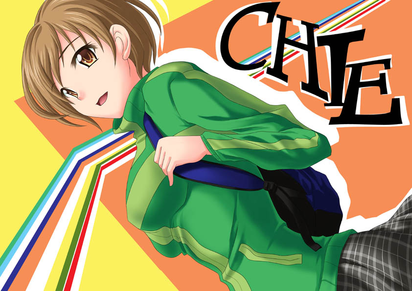 saki daiko, satonaka chie, atlus, persona, persona 4, backpack, bag, brown eyes, brown hair, jacket, looking down, miniskirt, open mouth, randoseru, short hair, skirt