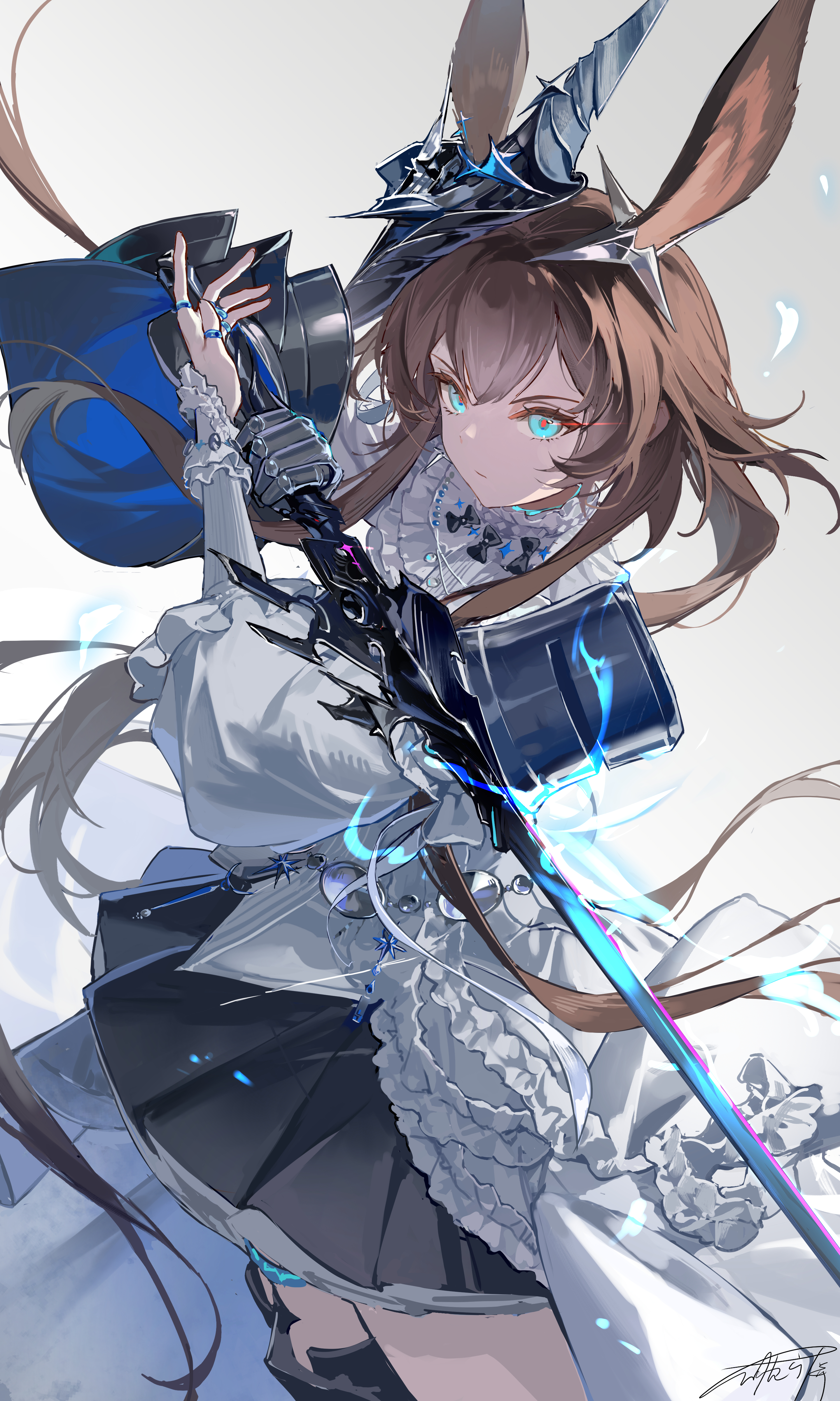 asona, amiya (arknights), amiya (guard) (arknights), arknights, absurdres, chinese commentary, commentary request, highres, 1girl, amiya (guard) (in a myriad of universes) (arknights), animal ears, blue eyes, brown hair, cowboy shot, gauntlets, grey background, holding, holding sword, holding weapon, jewelry, long hair, looking at viewer, multiple rings, official alternate costume, rabbit ears, rabbit girl, ring, simple background, single gauntlet, skirt, solo, sword, weapon