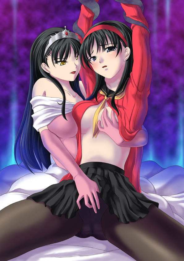 saki daiko, amagi yukiko, shadow (persona), atlus, megami tensei, persona, persona 4, shin megami tensei, 2girls, bdsm, black eyes, black hair, blouse, blush, bondage, bound, breasts, breasts squeezed together, dress, elbow gloves, femdom, gloves, hairband, long hair, miniskirt, multiple girls, open clothes, open shirt, panties, pantyhose, selfcest, shirt, skirt, tentacles, tiara, underwear, upskirt, yellow eyes, yuri