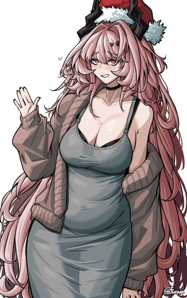 furauji, theresa (arknights), arknights, 1girl, bra, bra peek, breasts, brown cardigan, cardigan, cleavage, cowboy shot, dress, grin, hair intakes, hat, horns, huge breasts, long hair, open cardigan, open clothes, pink eyes, pink hair, santa hat, sleeveless, sleeveless dress, smile, solo, standing, underwear, very long hair