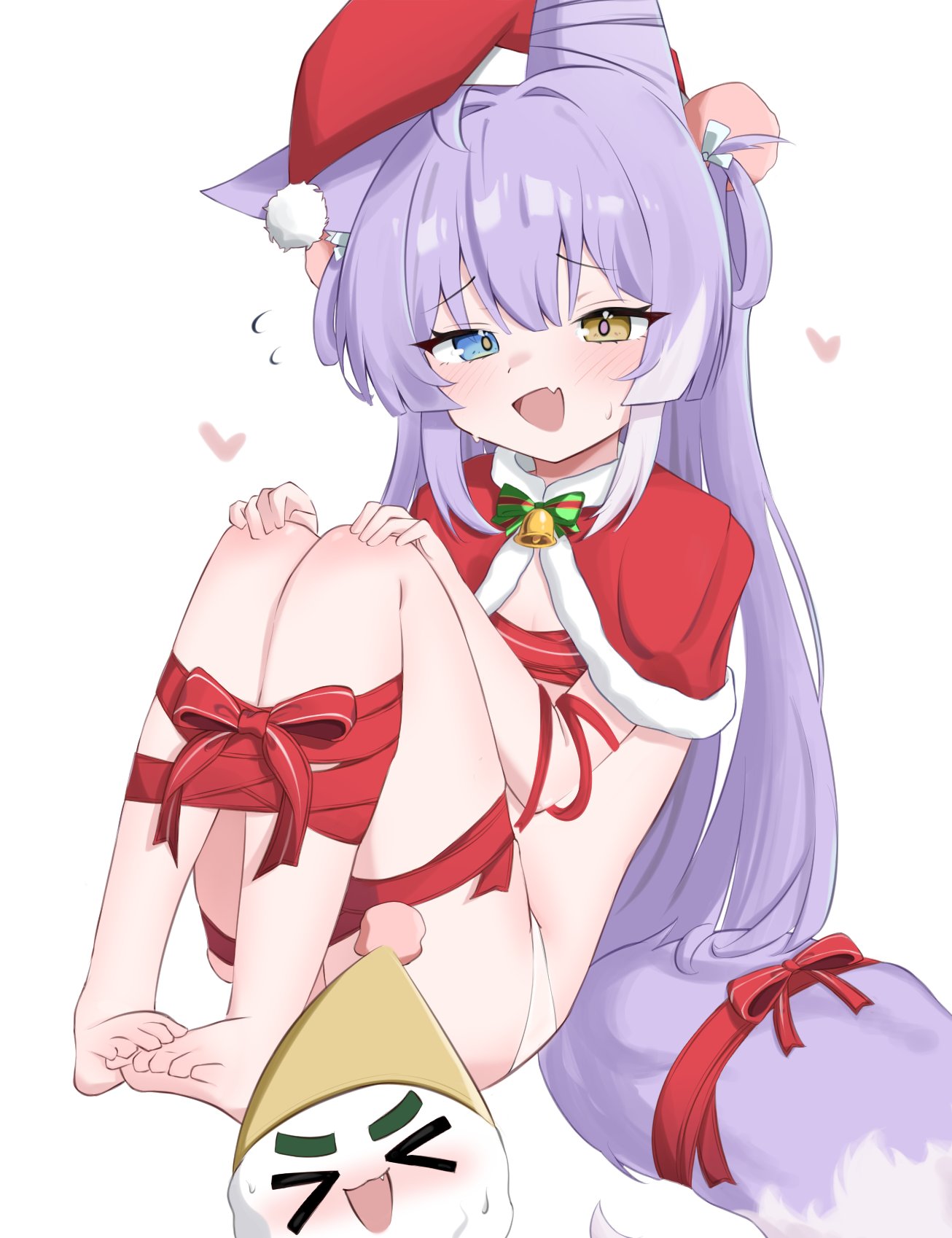 yeou kkoli, tenko shibuki, stellive, highres, > <, 1girl, animal ears, arm ribbon, barefoot, blue eyes, blush, bound, bound legs, capelet, chest ribbon, embarrassed, fang, flat chest, flying sweatdrops, fox ears, fox girl, fox tail, full body, fur-trimmed capelet, fur trim, furrowed brow, hair ornament, hands on own knees, hat, heart, heterochromia, inari (tenko shibuki), long hair, looking at viewer, multicolored hair, panties, pom pom (clothes), pom pom hair ornament, purple hair, raised inner eyebrows, red capelet, red hat, ribbon, ribbon bondage, santa hat, simple background, sitting, sweat, tail, tail ornament, tail ribbon, two-tone hair, underwear, virtual youtuber, white background, white hair, white panties, yellow eyes