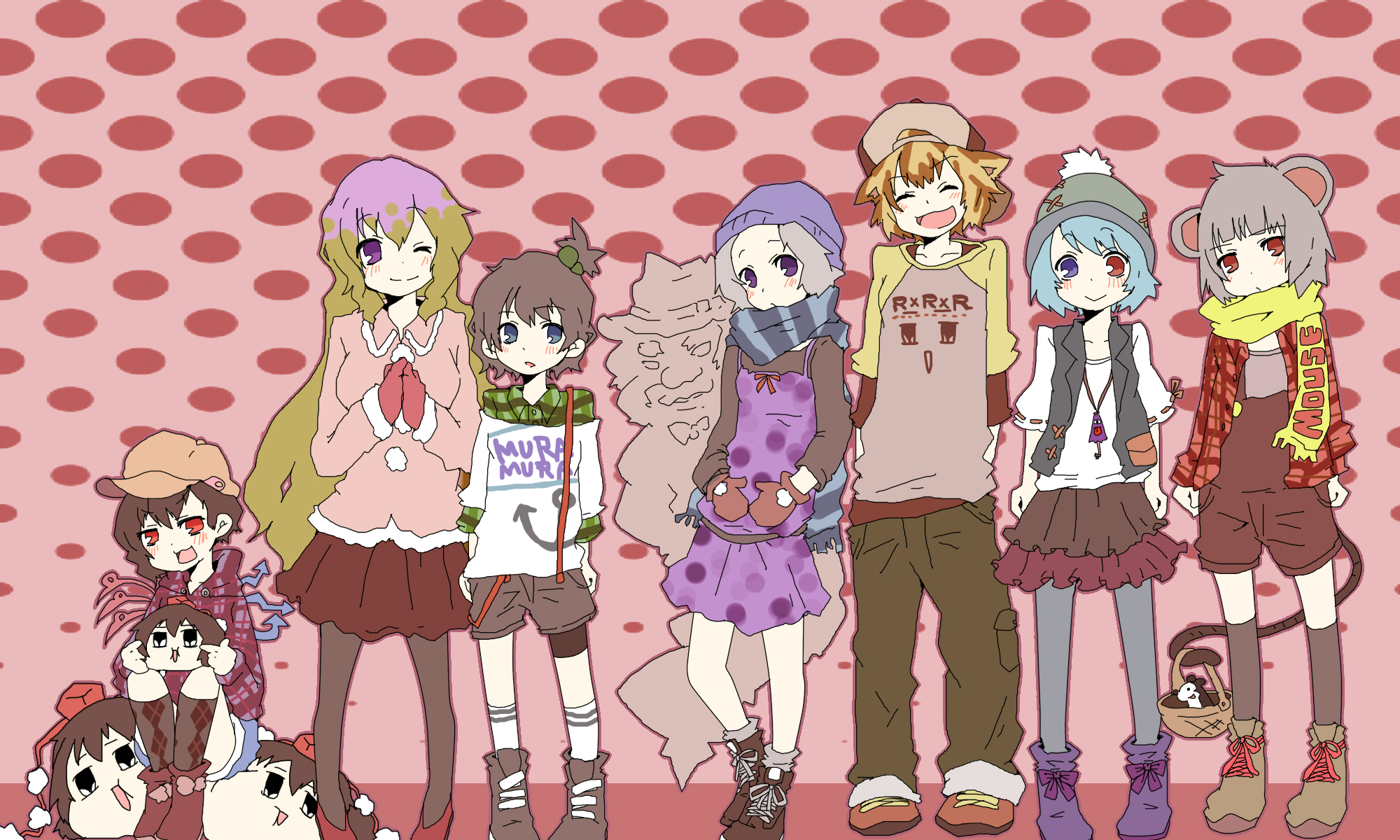 pun2, hijiri byakuren, houjuu nue, kumoi ichirin, murasa minamitsu, nazrin, shameimaru aya, tatara kogasa, toramaru shou, unzan, touhou, undefined fantastic object, bad id, bad pixiv id, highres, 6+girls, alternate costume, animal ears, beanie, blonde hair, blue eyes, blue hair, casual, cat, contemporary, everyone, gloves, gradient hair, grey hair, hat, heterochromia, jewelry, karakasa obake, long hair, mouse (animal), mouse ears, mouse tail, multicolored hair, multiple girls, pantyhose, pendant, purple eyes, red eyes, scarf, short hair, skirt, socks, tail, tokin hat, tongue, umbrella, yellow eyes, yukkuri shiteitte ne