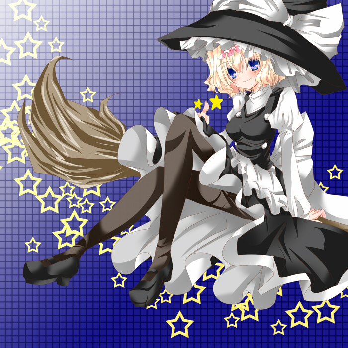 nanase nao, alice margatroid, kirisame marisa, touhou, bad id, bad pixiv id, 1girl, blonde hair, broom, cosplay, female focus, hat, kirisame marisa (cosplay), ribbon, solo, thighhighs, witch, witch hat