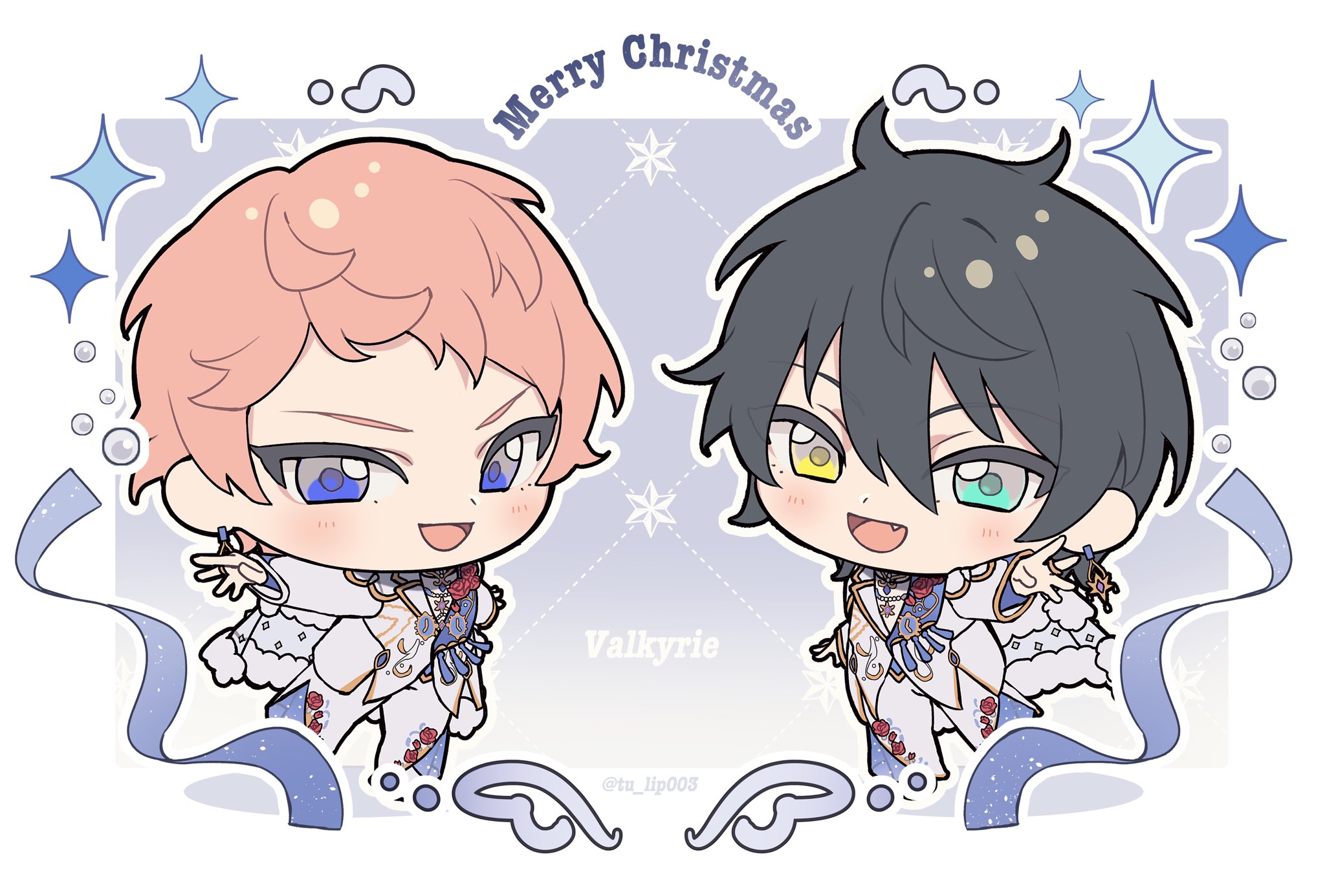 itsuki shu, kagehira mika, ensemble stars!, commentary, highres, symbol-only commentary, 2boys, aqua eyes, black hair, chibi, earrings, fang, flower, full body, hair between eyes, hand up, jewelry, long sleeves, looking at viewer, male focus, merry christmas, multiple boys, official alternate costume, open mouth, outstretched hand, pink hair, purple eyes, red flower, red rose, ribbon, rose, short bangs, short hair, smile, sparkle, tu (tu lip003), twitter username, valkyrie (ensemble stars!), yellow eyes