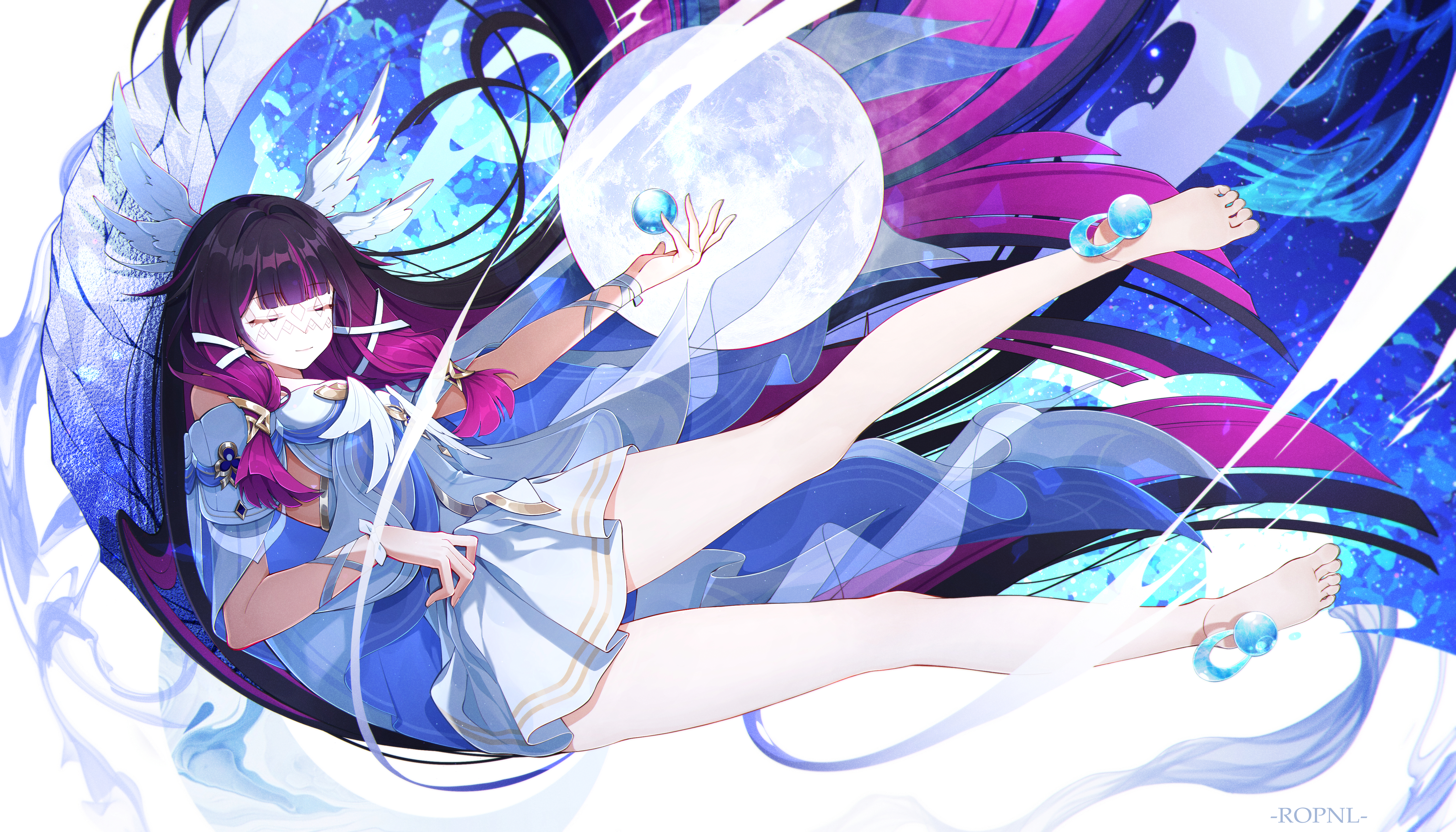 tiandingfengren, columbina (genshin impact), genshin impact, absurdres, commentary request, highres, 1girl, bare legs, barefoot, black hair, blunt bangs, closed eyes, closed mouth, dress, feathered wings, gradient hair, hair ornament, hair ribbon, head wings, long hair, multicolored hair, pink hair, ribbon, sidelocks, smile, solo, very long hair, white dress, white mask, white ribbon, white wings, wings, wrist ribbon