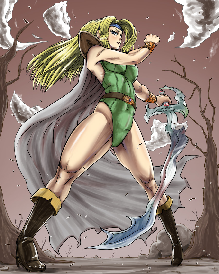 sorahachi midoro, celes chere, final fantasy, final fantasy vi, 1990s (style), 1girl, armlet, belt, blonde hair, blue eyes, boots, female focus, headband, jewelry, leotard, long hair, retro artstyle, solo, sword, tree, weapon