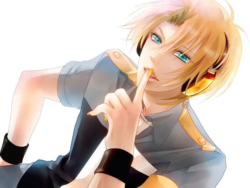 gojoe, suiga sora, utau, vocaloid, 1boy, aqua eyes, blonde hair, headphones, male focus, nail polish, simple background, smile, solo, white background
