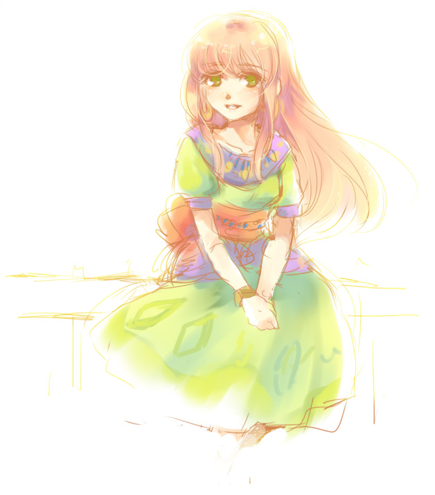 kurai (artist), kurai (campanella), elle (tenchi souzou), tenchi souzou, 1girl, aged down, blunt bangs, bracelet, collarbone, dress, female focus, green eyes, hands on lap, jewelry, long hair, own hands together, parted lips, pink hair, sash, shiny skin, short sleeves, sitting, smile, solo, white background