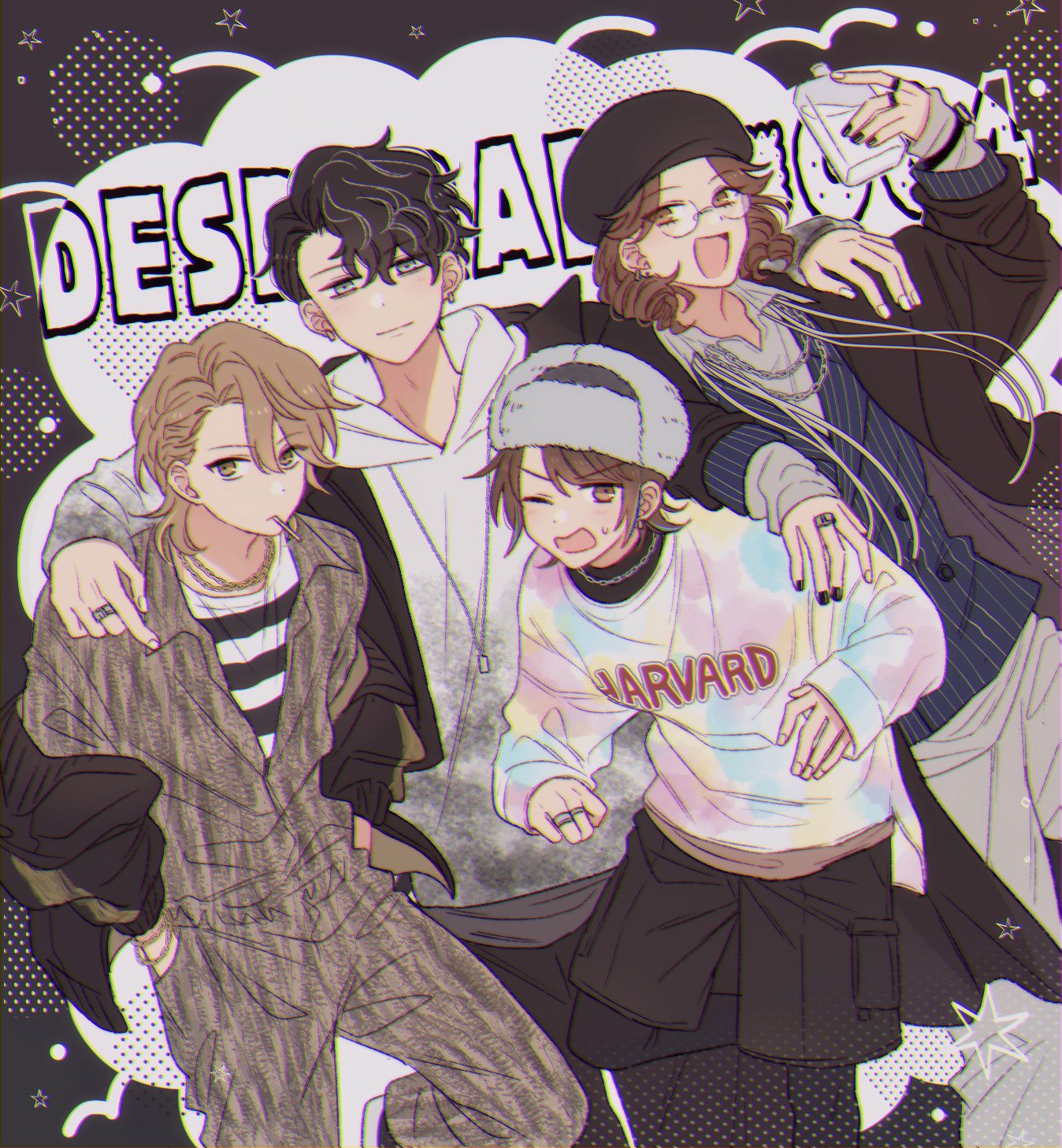 hypnosis mic, hypnosis mic: rule the stage, silver necklace, silver ring, commentary, highres, 4boys, :d, adam's apple, akune rindo, arima seigen, arm around shoulder, arm on another's shoulder, asymmetrical bangs, bags under eyes, ben-day dots, black background, black coat, black hair, black hat, black jacket, black leggings, black nails, black pants, black shirt, black shoes, black shorts, blue jacket, blue streaks, bottle, bracelet, brown eyes, brown hair, brown jumpsuit, chain, chain necklace, chromatic aberration, coat, collared shirt, college shirt, curly hair, curtained hair, desperado-004, dot nose, earrings, expressionless, feet out of frame, fingernails, fur hat, glasses, gold bracelet, gold chain, gold necklace, grey hat, grey shirt, group name, hair between eyes, hand up, hands in pockets, hat, holding, holding bottle, hood, hood down, hoodie, hunched over, jacket, jewelry, jikuin jyobu, jumpsuit, lapels, layered shirt, leggings, leggings under shorts, light blush, light smile, long sleeves, looking at viewer, male focus, medium hair, mouth hold, mullet, multicolored hair, multicolored sweater, multiple boys, multiple bracelets, multiple necklaces, multiple piercings, multiple rings, necklace, off shoulder, one eye closed, open clothes, open coat, open jacket, open mouth, pacha st, pants, parted bangs, partially unzipped, peanut mouth, pinstripe jacket, pinstripe pattern, print jumpsuit, ring, round eyewear, screentones, shirt, shoes, short hair, shorts, silver earrings, six pointed star, sleeveless, sleeveless jacket, sleeves past wrists, slouching, small sweatdrop, smile, standing, standing on one leg, star (symbol), streaked hair, striped clothes, striped shirt, stud earrings, suit jacket, sweater, sweatpants, two-sided fabric, two-sided jacket, ushanka, v-shaped eyebrows, watch, wavy hair, white background, white eyes, white hoodie, white nails, white pants, white shirt, wristwatch, wristwatch over clothes, yagasaki ibuki, yellow eyes