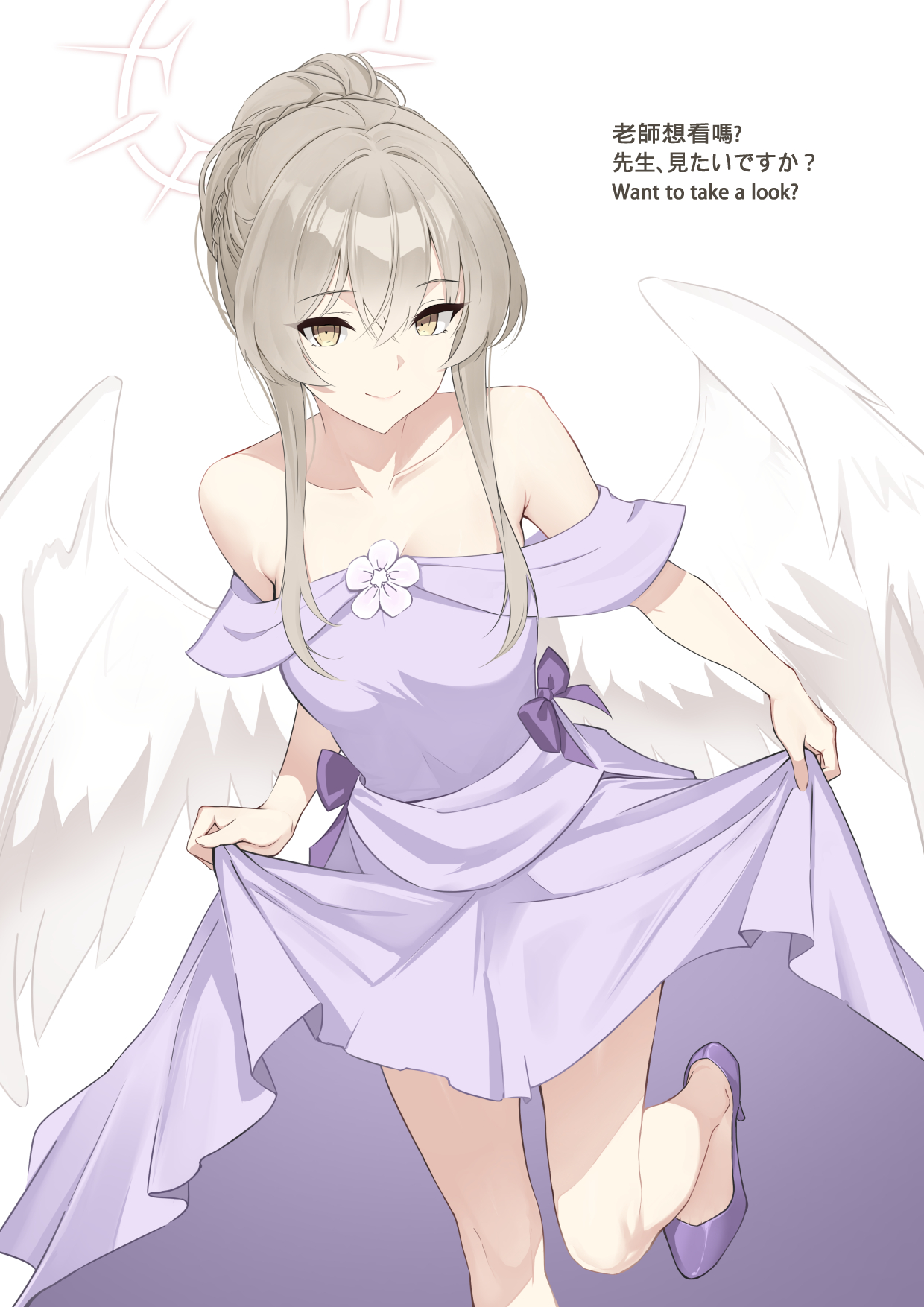 isokaze12, nagisa (blue archive), blue archive, commentary, highres, translation request, 1girl, bare legs, bow, breasts, brown hair, cleavage, closed mouth, collarbone, dress, english text, evening gown, feathered wings, flower, hair bun, halo, high heels, leg up, long hair, looking at viewer, medium breasts, off-shoulder dress, off shoulder, pink flower, purple bow, purple dress, purple shoes, shoes, sidelocks, simple background, single hair bun, skirt hold, smile, solo, standing, standing on one leg, white background, white wings, wings, yellow eyes