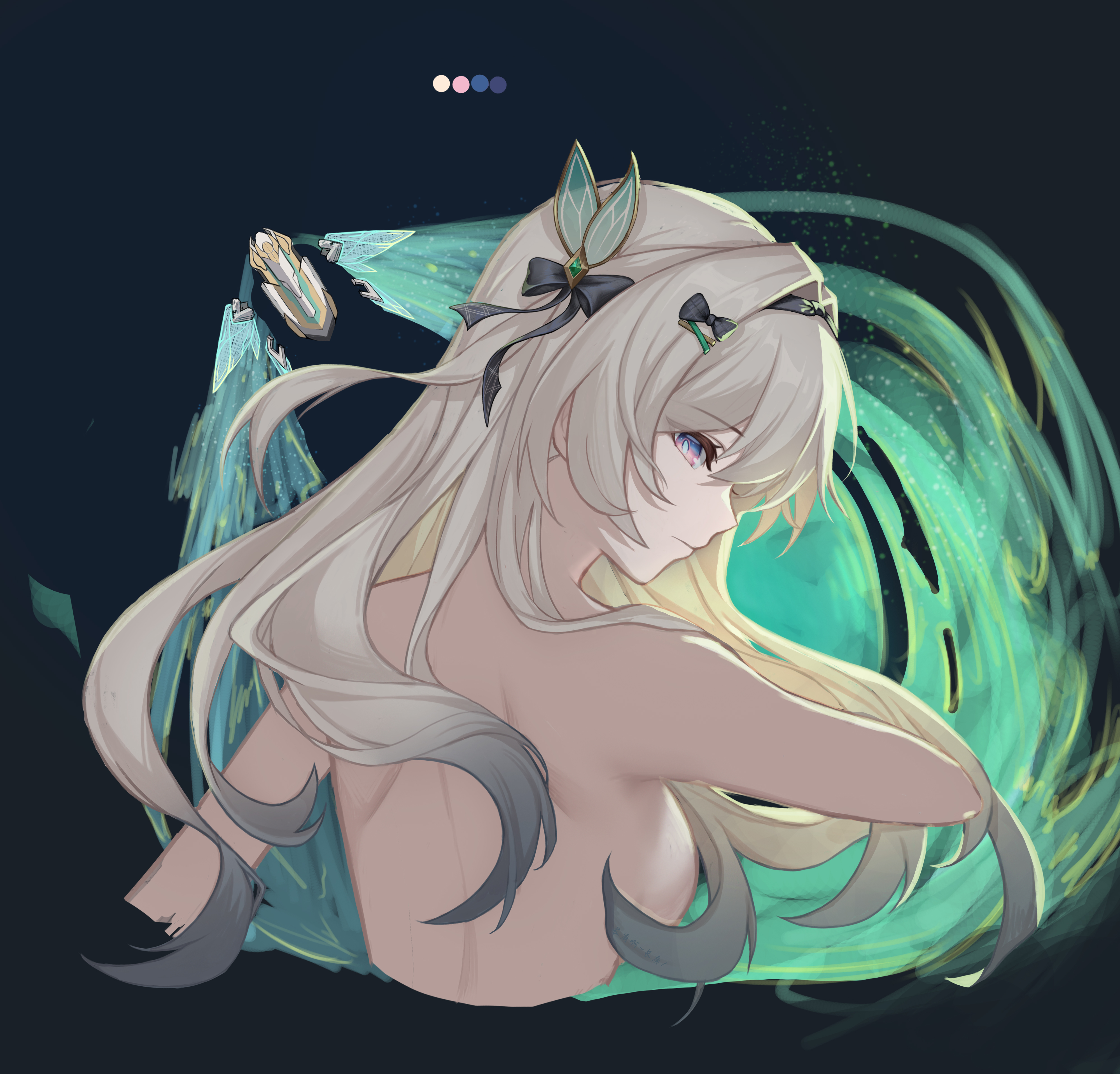 firefly (honkai: star rail), honkai: star rail, honkai (series), absurdres, chinese commentary, commentary request, highres, 1girl, black background, black bow, black hairband, bow, breasts, changgeng changgeng!, grey hair, hair bow, hair intakes, hair ornament, hairband, hairclip, holding, long hair, looking at viewer, nude, purple eyes, simple background, small breasts, solo, upper body