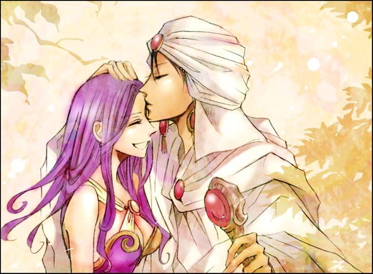 ttt, maria (ff2), minwu, final fantasy, final fantasy ii, 1980s (style), closed eyes, kiss, long hair, purple hair, robe, staff