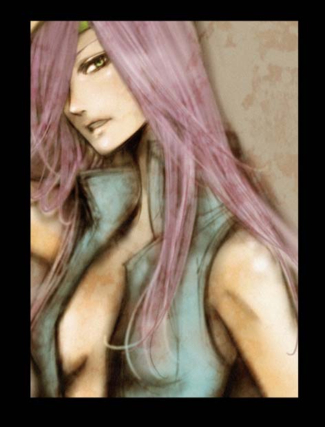 ttt, faris scherwiz, final fantasy, final fantasy v, bad id, bad pixiv id, 1990s (style), 1girl, androgynous, bare shoulders, breasts, cleavage, female focus, green eyes, hair over one eye, headband, jacket, long hair, medium breasts, open clothes, open jacket, purple hair, retro artstyle, reverse trap, solo, vest