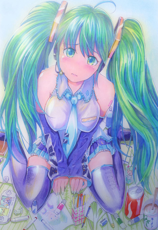 mayo riyo, hatsune miku, vocaloid, bad id, bad pixiv id, traditional media, 1girl, ahoge, aqua eyes, aqua hair, blush, breasts, can, candy, colored pencil, detached sleeves, eraser, female focus, food, from above, headphones, headset, long hair, mechanical pencil, necktie, no nose, pen, pencil, sitting, skirt, solo, spring onion, tears, thighhighs, twintails, very long hair, wooden pencil, zettai ryouiki