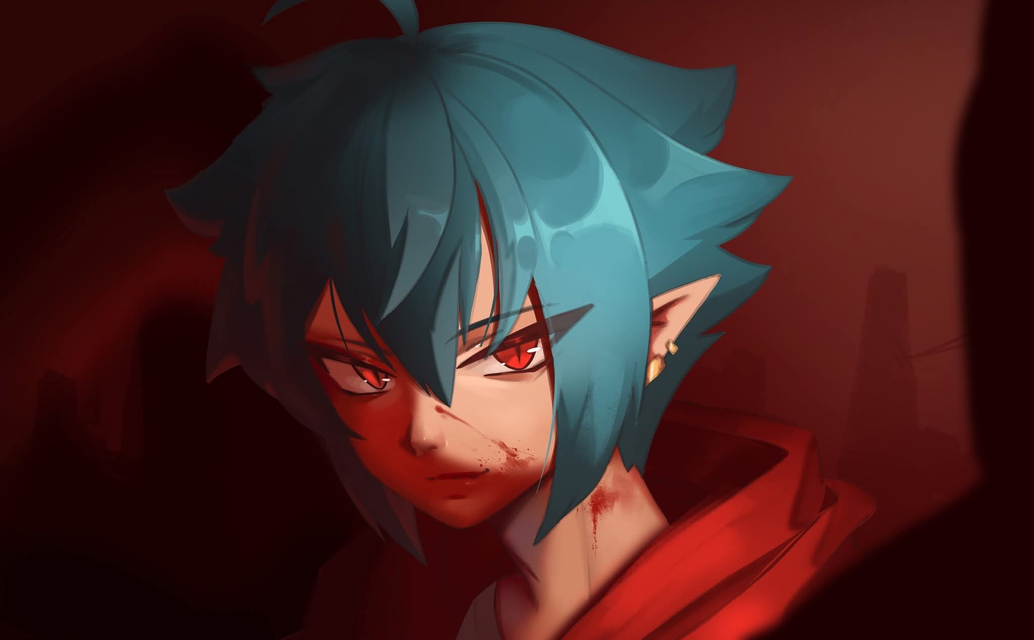 original, commentary, english commentary, highres, 1boy, ahoge, blood, blood on face, blood on neck, blue hair, choppy bangs, closed mouth, ear piercing, hair between eyes, kyuunsai, looking at viewer, male focus, piercing, pointy ears, portrait, red background, red eyes, short hair, slit pupils, smile, solo