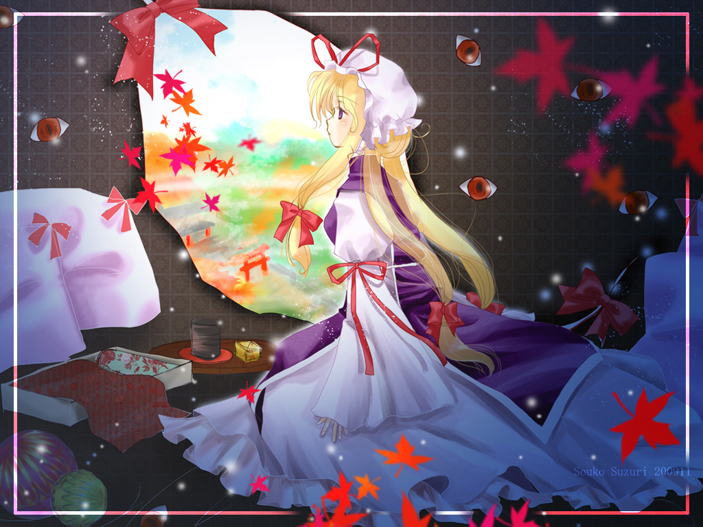 qoolemon, suzuri (qoolemon), yakumo yukari, touhou, 1girl, blonde hair, female focus, gap (touhou), hat, long hair, purple eyes, solo