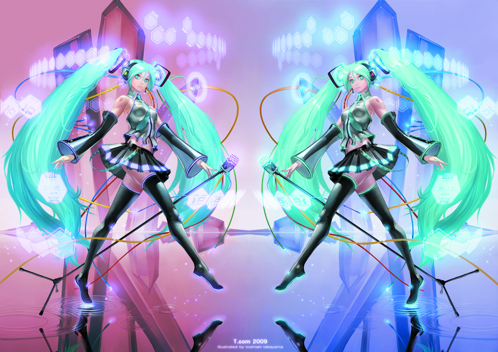 takayama toshiaki, hatsune miku, vocaloid, bad id, bad pixiv id, aqua eyes, aqua hair, clone, detached sleeves, green eyes, green hair, headphones, long hair, midriff, necktie, skirt, symmetry, thighhighs, twintails, very long hair, zettai ryouiki