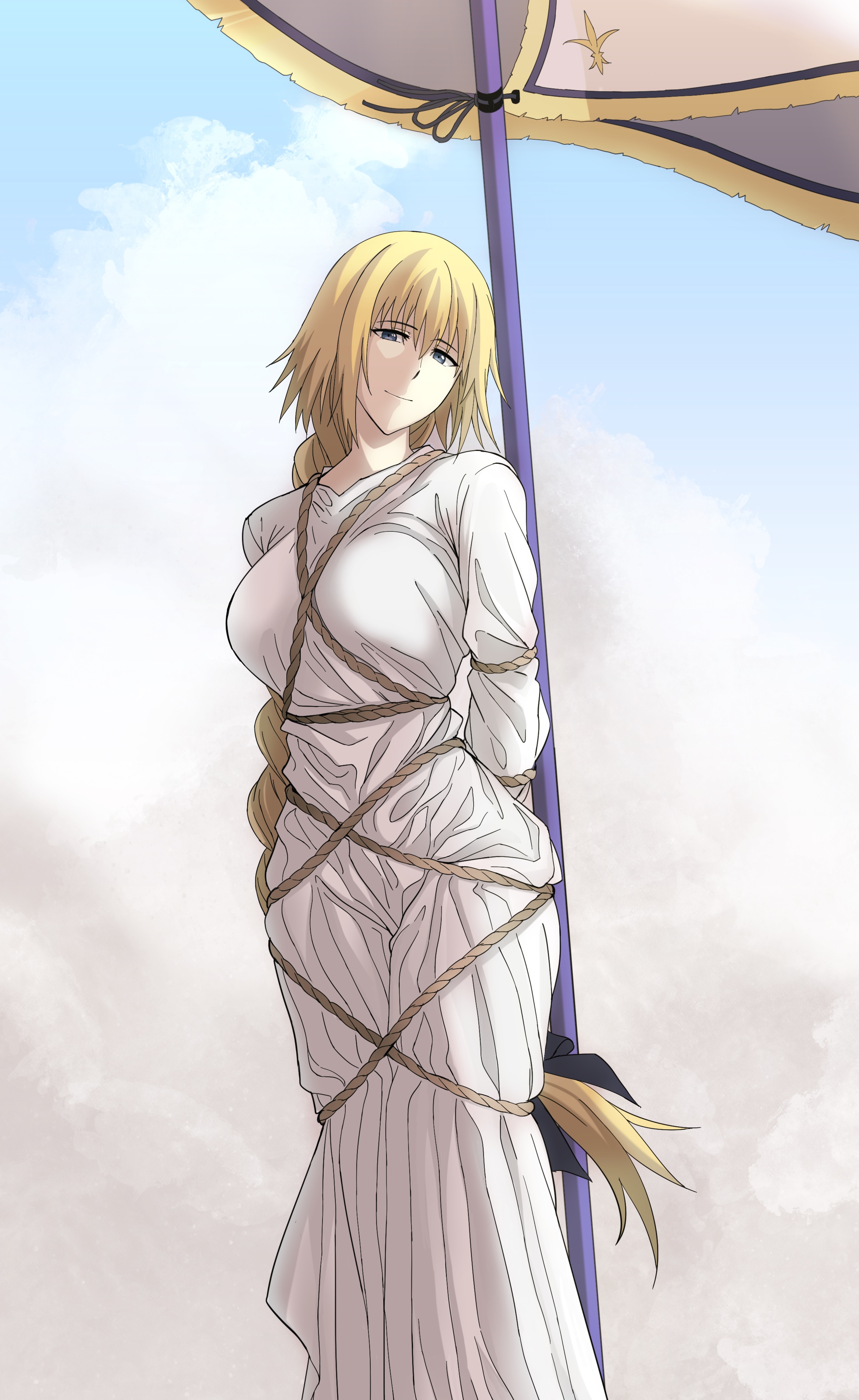 hao718, jeanne d'arc (fate), fate/grand order, fate (series), absurdres, highres, 1girl, blonde hair, blue eyes, bound, bound arms, braid, braided ponytail, breasts, dress, flag, large breasts, light smile, long hair, pole, rope, solo, standing, very long hair, white dress