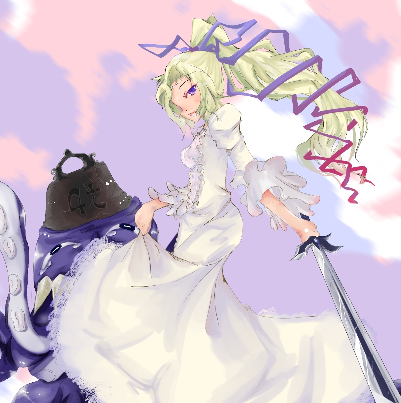 nazo, celes chere, ultros, final fantasy, final fantasy vi, highres, 1990s (style), blonde hair, dress, long hair, ponytail, purple eyes, ribbon, sword, tentacles, tiara, weapon