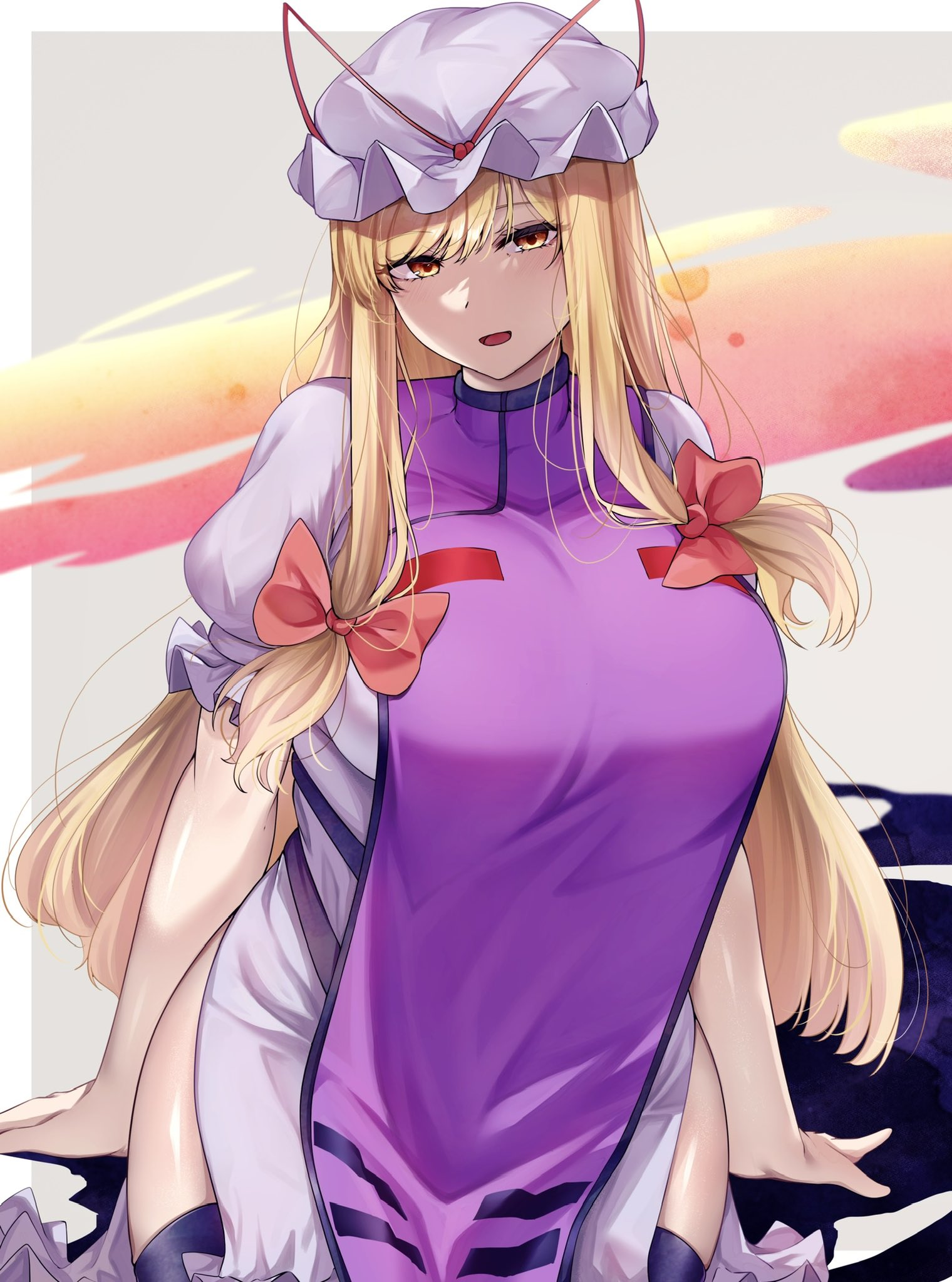 mirufi (milfiiiiyu), yakumo yukari, touhou, commentary, highres, textless version, 1girl, black thighhighs, blonde hair, breasts, cover, dress, hair ribbon, hat, large breasts, light smile, long hair, looking at viewer, mob cap, parted lips, purple tabard, ribbon, short sleeves, solo, tabard, thighhighs, white dress, yellow eyes