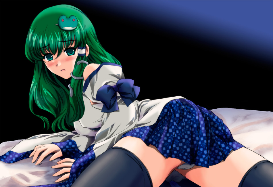 yamaguchi takashi, yamaguchi yuu, kochiya sanae, touhou, bad id, bad pixiv id, 1girl, blush, female focus, green eyes, green hair, matching hair/eyes, panties, pantyshot, solo, thighhighs, underwear