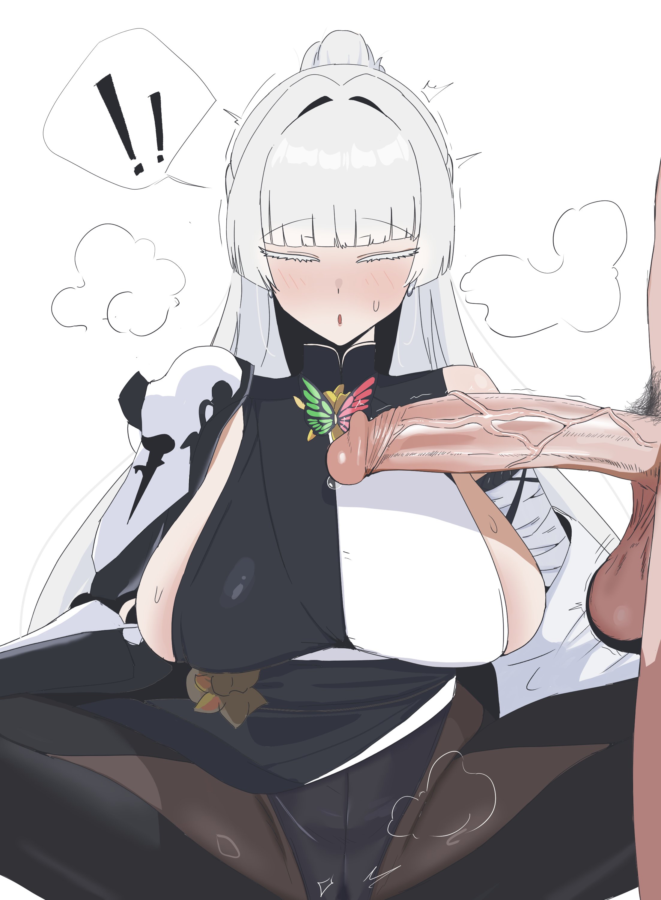 nayuta (nikke), goddess of victory: nikke, absurdres, highres, !, !!, 1boy, 1girl, bandaged arm, bandages, blush, breasts, clothed female nude male, colored eyelashes, crossed legs, hetero, huge penis, meditation, monk, nude, penis, penis awe, sideboob, sweat, tea220622, testicles, thick eyelashes, uncensored, white background, white eyelashes, white hair